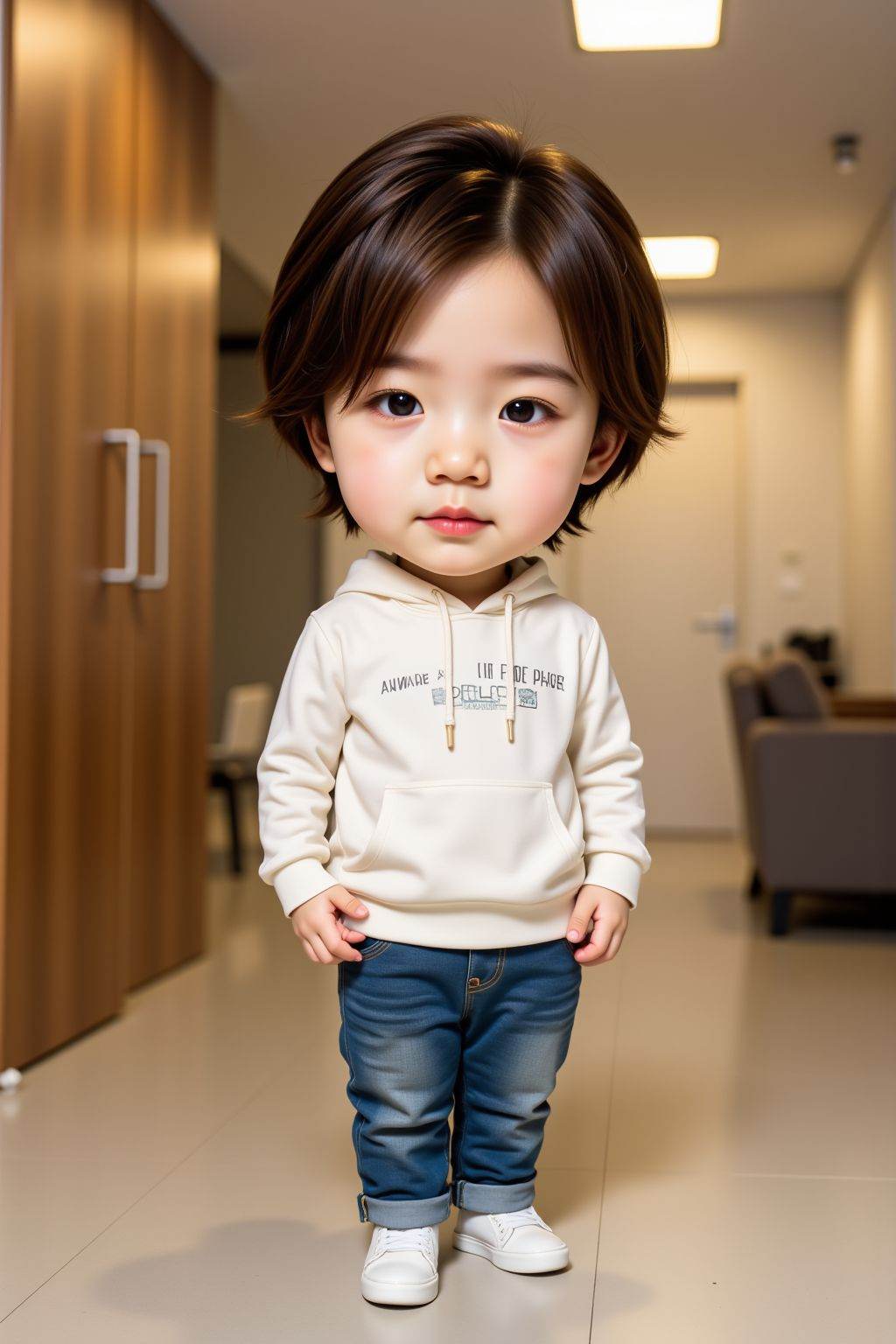 <lora:20250503_AgainCharactersF1Lora:1>, The image is a high-resolution photograph featuring a boy,solo,looking at viewer,long hair,standing,full body,clothes,indoors,realistic,chibi,