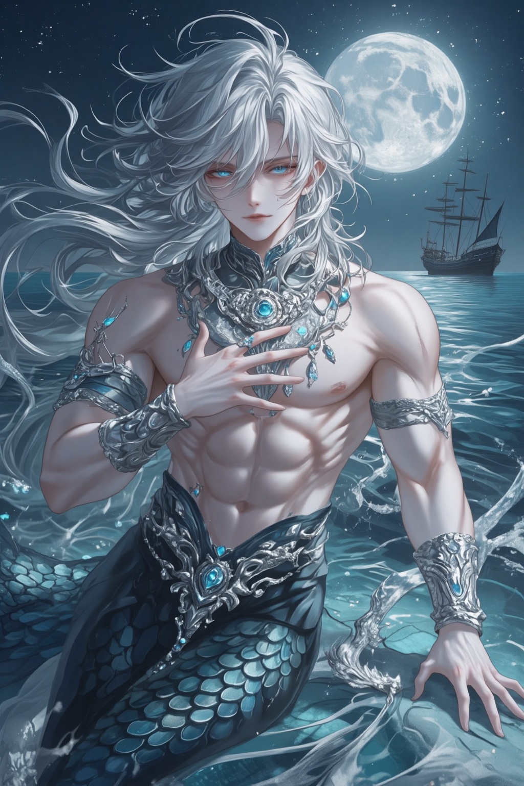 ZOZ_WEIMEIW,  Digital anime-style drawing of a handsome,  muscular merman with long on Tensor.Art