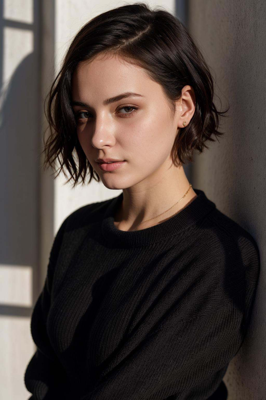 instagram photo, 21yo french woman, short hair, black hair, closeup portrait, sweater, cleavage, pale, hard shadows
