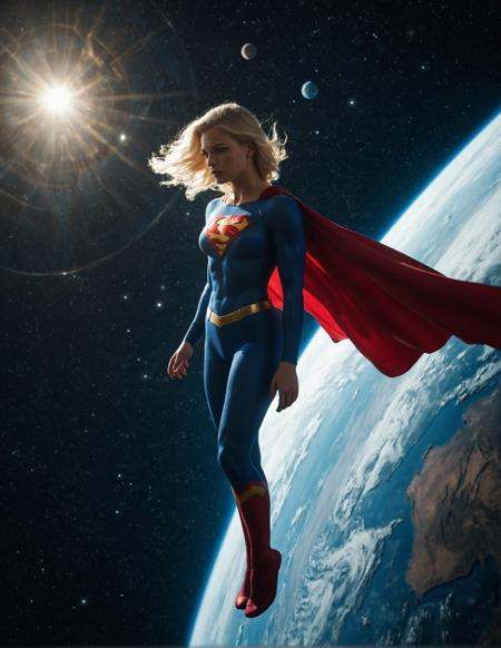 masterpiece,high quality,8k,(from side),photo,realistic,realistic skin,pores, 1girl, supergirl,dc_comics,cape,costume,blonde hair,flying in the sky,planets,universe,stars,flowing cape,cinematic,volumetric lighting,dramatic lighting,night,dimly lit,film grain