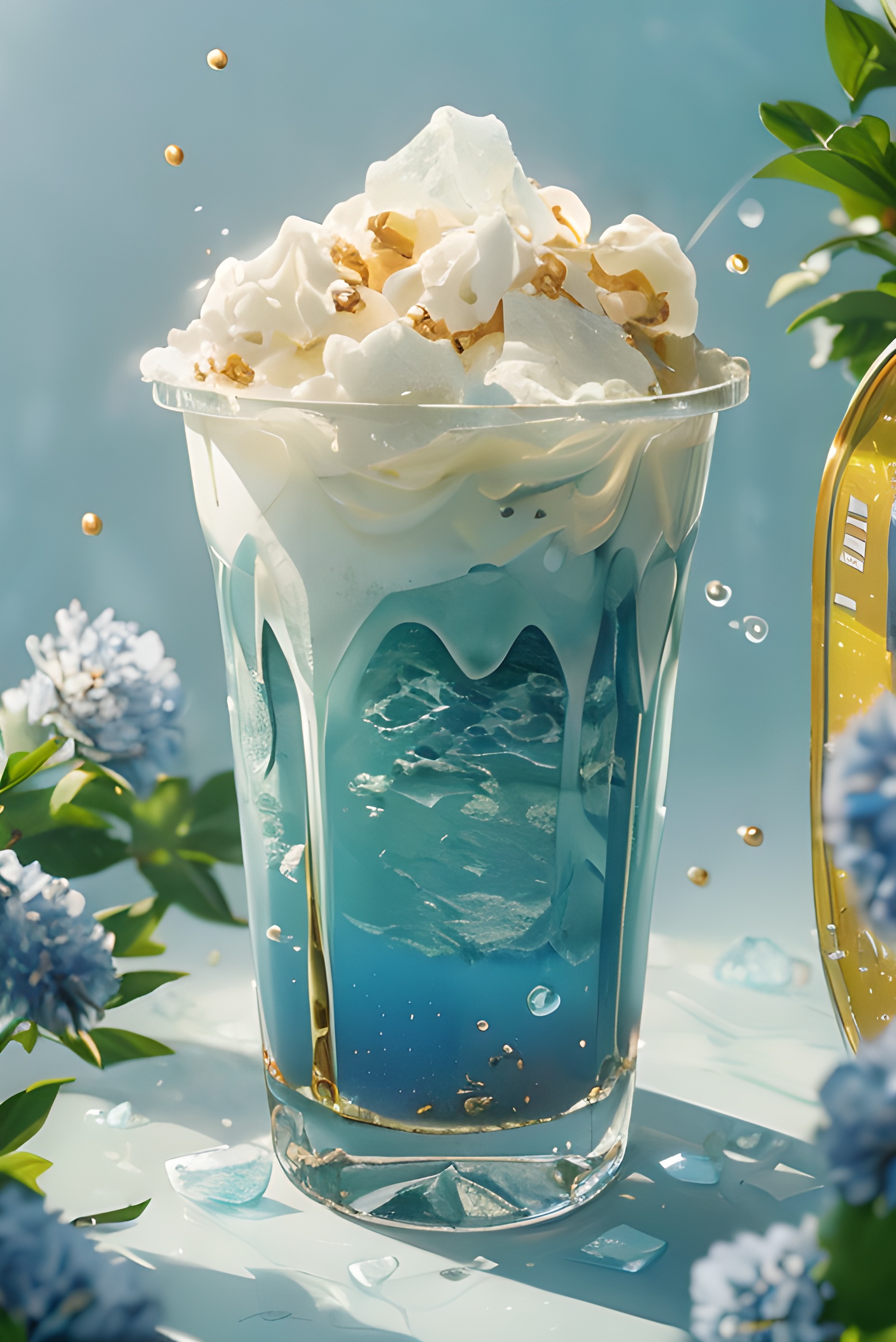(Shooting blockbusters:2),(Masterpiece, High Quality, Superior Quality, Official Art, Beauty  and  Aesthetics): 1.2),( a cup surrounded by Crushed ice blue flowers:1.2), milky transparent water, product poster, ( Crushed Ice Blue),Gradient Purple, simple, clean light color background, ray tracing, foreground occlusion, natural light, jungle, c4d, oc rendering, product photography ,(There are a lot of ice cubes next to the cup:1.2)<lora:20240228-1709100055188:0.66>Cool feeling,Ice World,realistic,