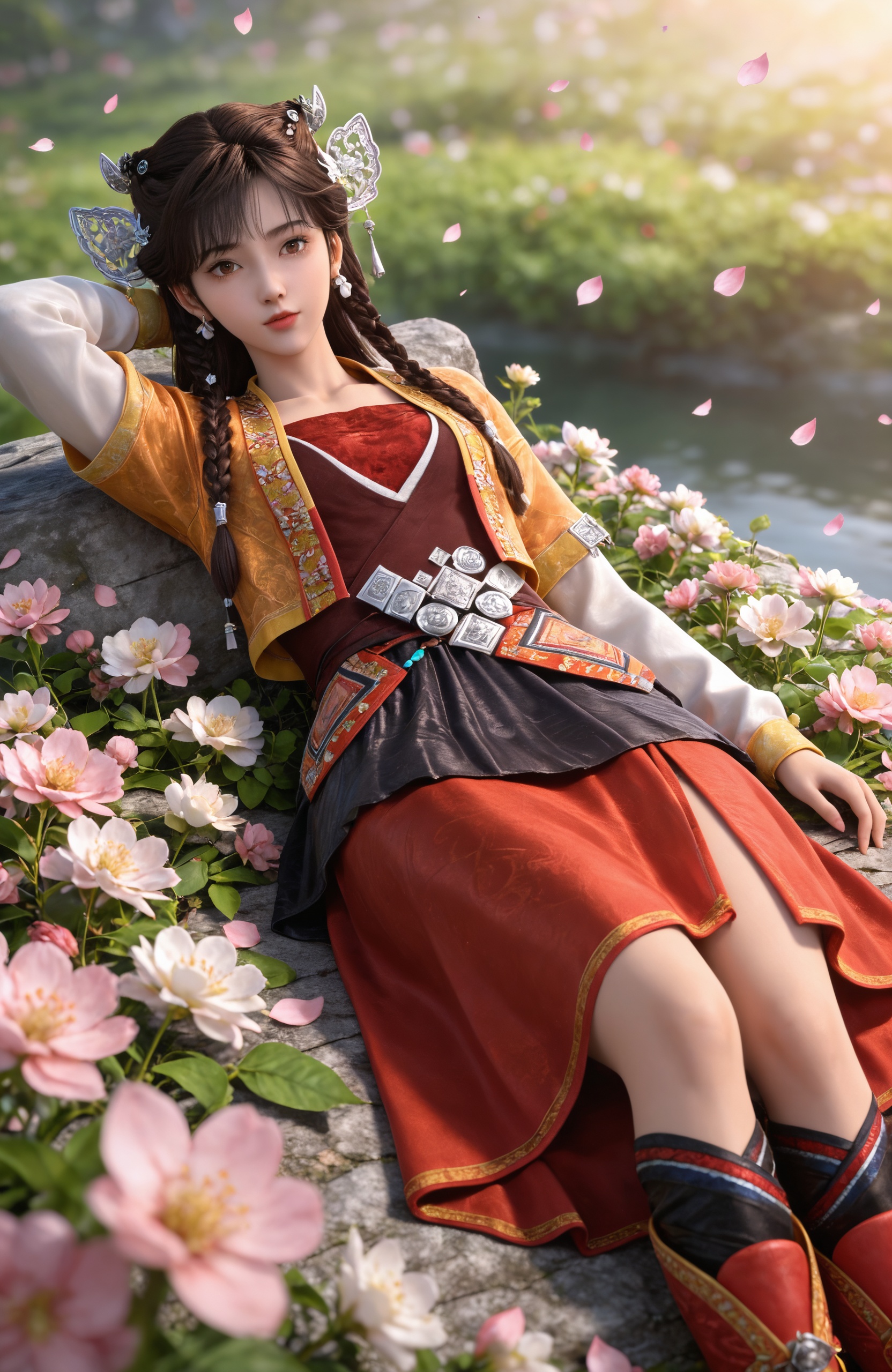 <lora:仙剑奇侠传3-唐雪见Pony:0.7> ,dynamic posture,1girl, flower, brown hair, solo, lying, on back, braid, brown eyes, looking at viewer, dress, boots, arm behind head, petals, jewelry, long sleeves, long hair, earrings, twin braids, blurry, hair ornament, chinese clothes, short over long sleeves, masterpiece,best quality,amazing quality,very aesthetic,high resolution,ultra-detailed,absurdres,scenery,photorealistic,looking at viewer,moody lighting,peach blossom,falling petals,realistic,photorealistic details,