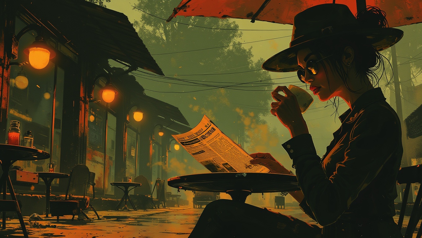 A mysterious woman in a wide-brimmed hat and dark sunglasses sits at an outdoor café,  sipping coffee. She’s reading a new...