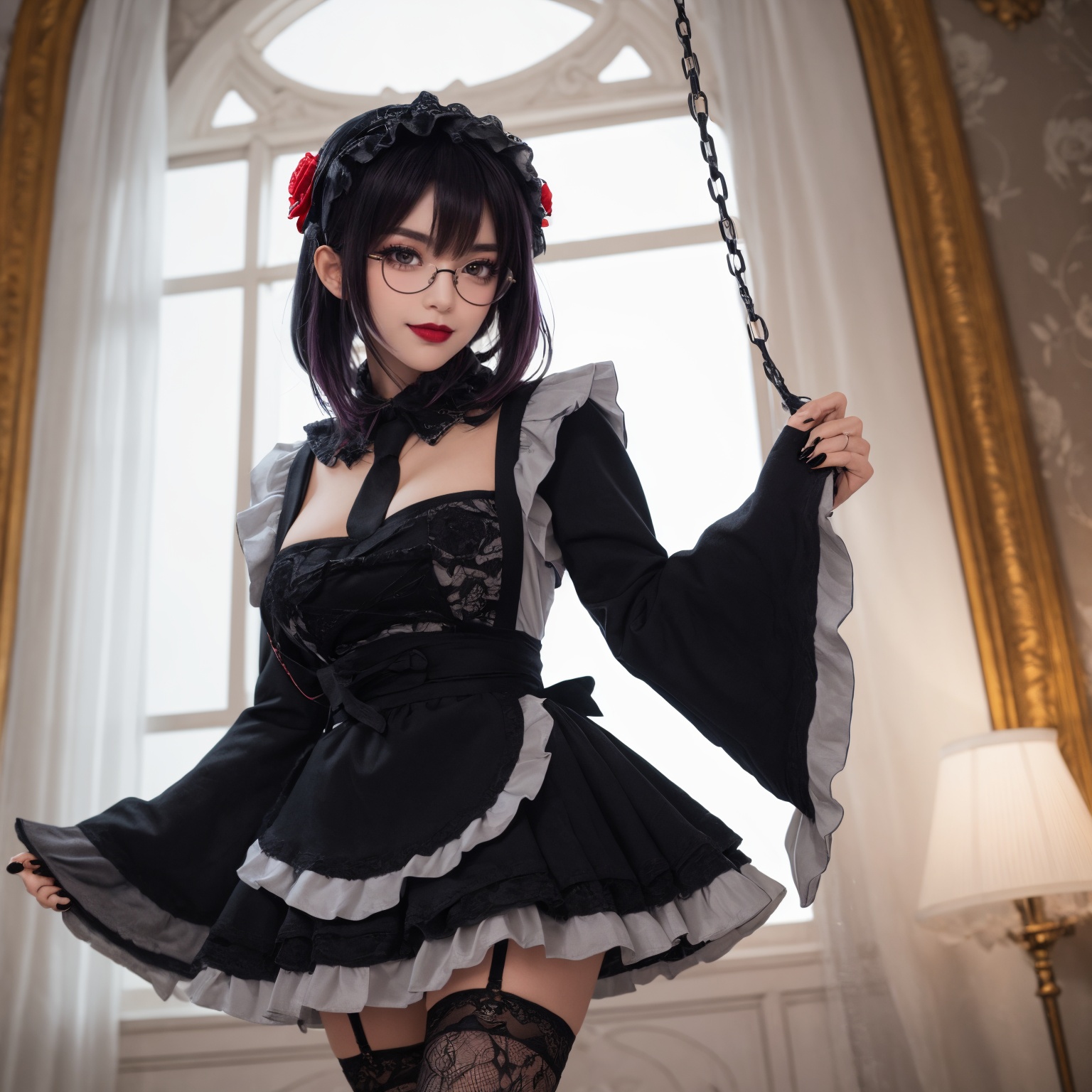 tutututu,1girl,solo,Kuroe Shizuku,lolita fashion,apron,pantyhose,gothic lolita,black dress,frills,hair flower,hair ornament,chain leash,black nails,wide sleeves,lace trim,long sleeves,rose,black footwear,black necktie,maid,fishnets,maid headdress,detached collar,red flower,thighhighs,hairband,chain,floral print,lolita hairband,garter straps,black thighhighs,lace,<lora:Kuroe Shizuku_Lolita-000007:0.45>,A photo of a young woman. (looking at the viewer). (short messy dark hair),(slender),(dark lips),flirting with the camera,(square glasses),(dark makeup),(jewelry),(smiling),(dyed hair, hair color),(well lit, warm natural light),ornate lavish rich aristocrat royal mansion,music room,art,drapes,curtains,carpets,rugs,doors,(chaise lounge) (confident, seductive, dominant, intimidating),