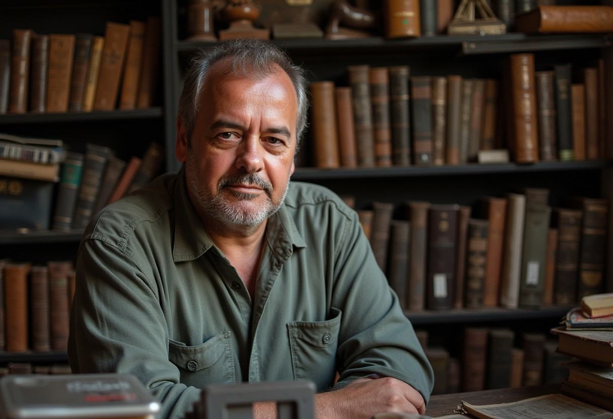 A middle-aged man with a somber expression,  surrounded by dusty history books and old artifacts in a cluttered room. on T...