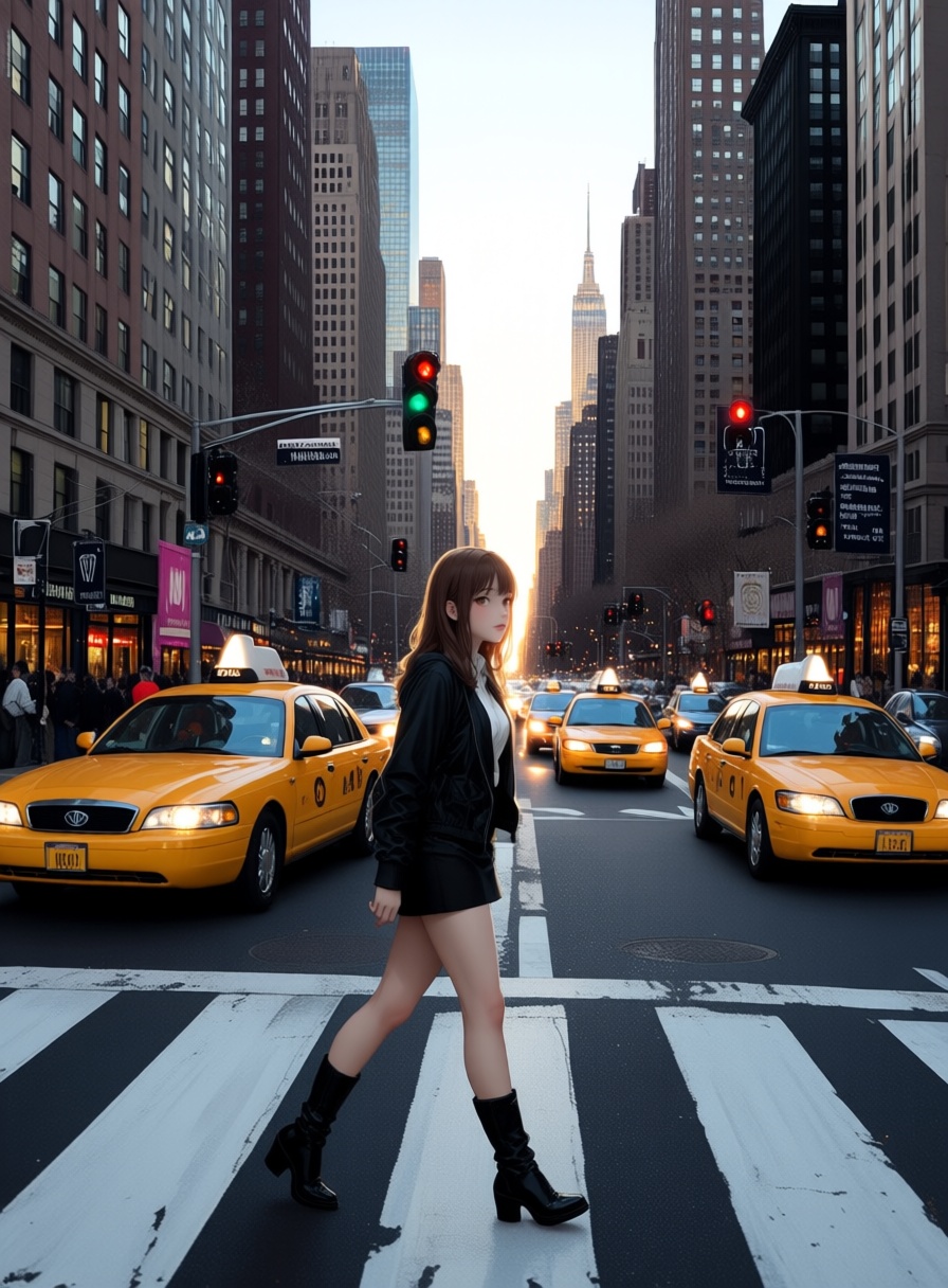 anime woman crossing a busy Manhattan street,  photorealistic New York City,  real taxis on Tensor.Art