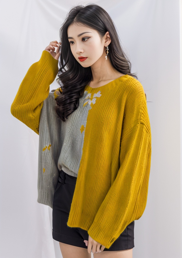 1girl, and, black, camera, front, head, her, jewelry, long_hair, long_sleeves, photo_, plant, red_lips, serious, solo, wearing, white, with, woman, yellow, <lora:SD1.5_Xixi.V2.0:0.8>
