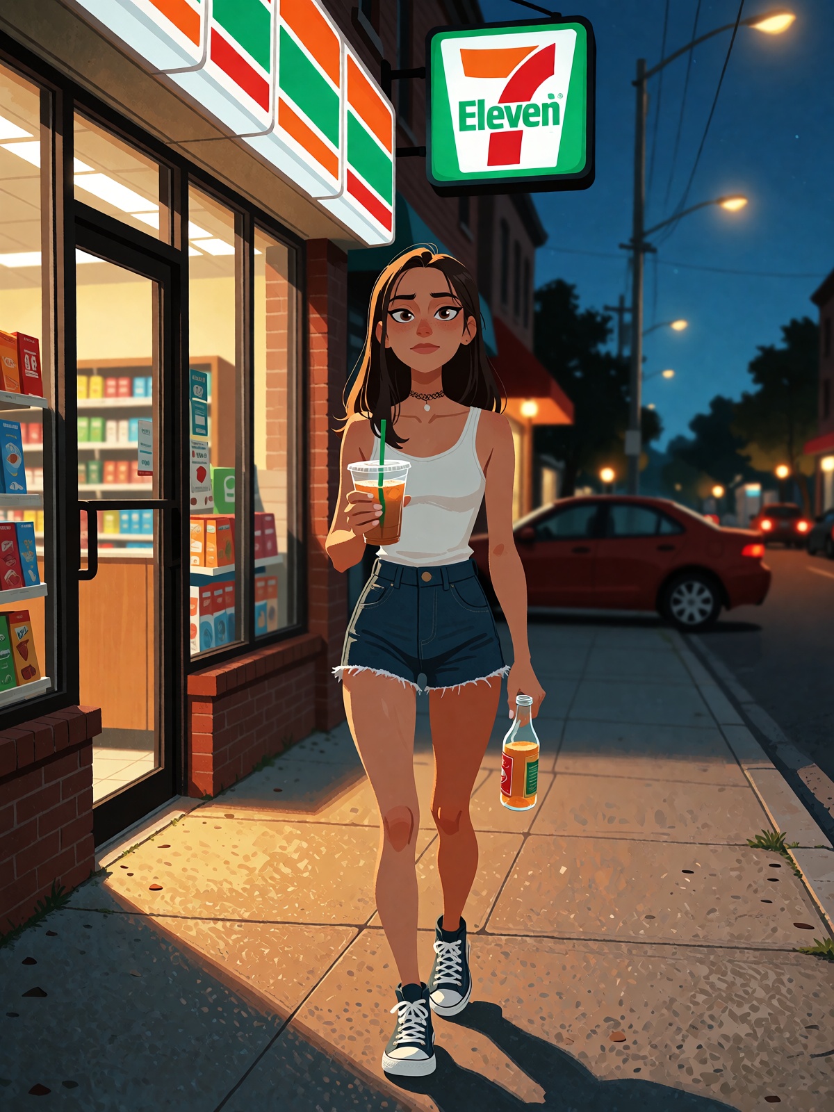 shot on Kodak Portra 400 film,  heavy film grain,  A raw full-body night street photograph of a Caucasian woman on Tensor.Art