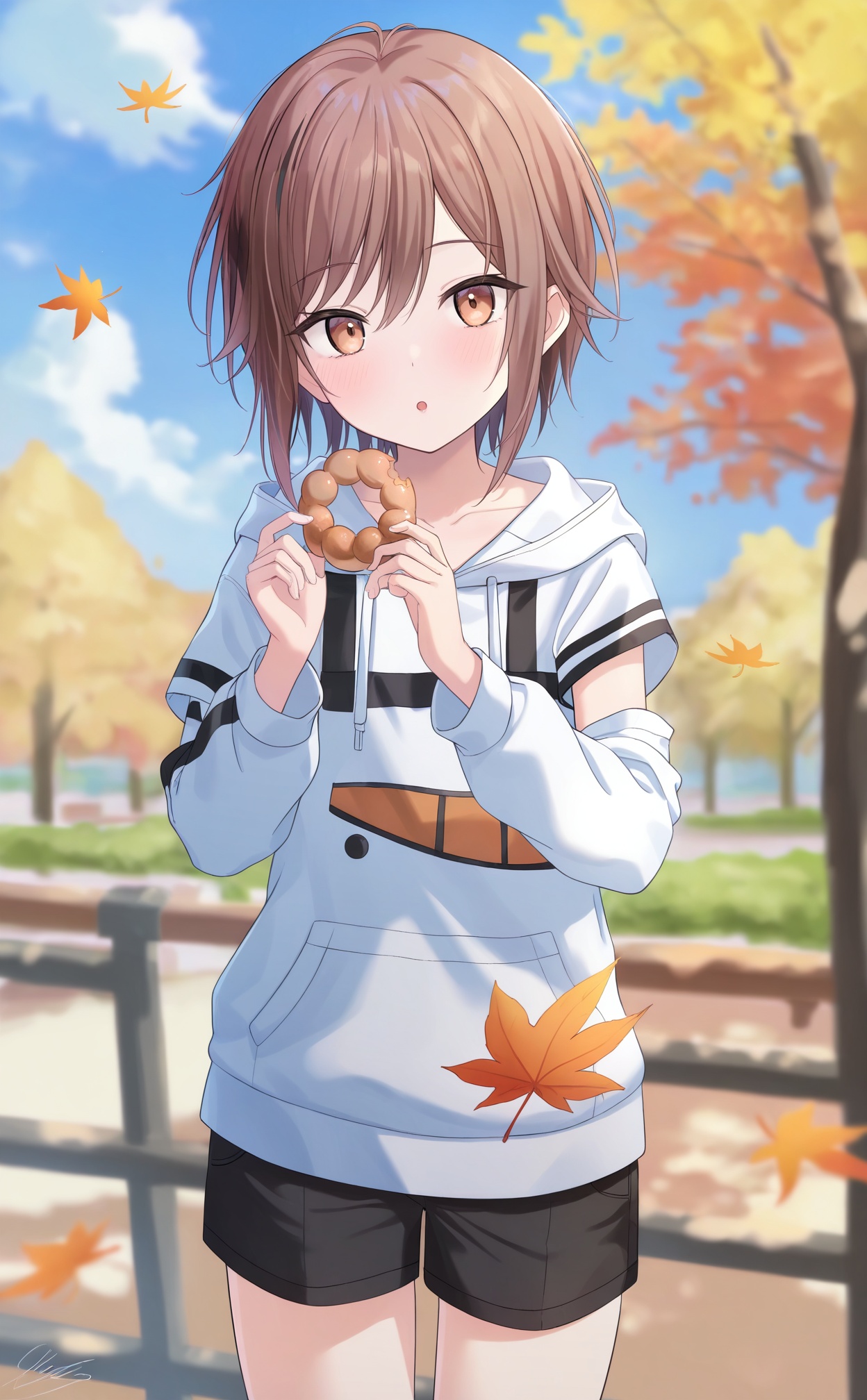 masterpiece,absurdres,best quality,loli,petite,high quality,//,1girl, solo, doughnut, shorts, black shorts, autumn leaves, food, outdoors, brown hair, blurry, looking at viewer, holding, short shorts, day, depth of field, holding food, parted lips, multicolored hair, signature, maple leaf, brown eyes, leaf, blurry background, tree, hood, hood down, hoodie, hair between eyes, :o, building, shirt, asymmetrical sleeves, collarbone, standing, autumn, falling leaves, sky, long sleeves, blue sky, blush, single sleeve, cloud, streaked hair, two-tone hair, blurry foreground//,<lora:timmoo2——【noob】hans:0.88>,