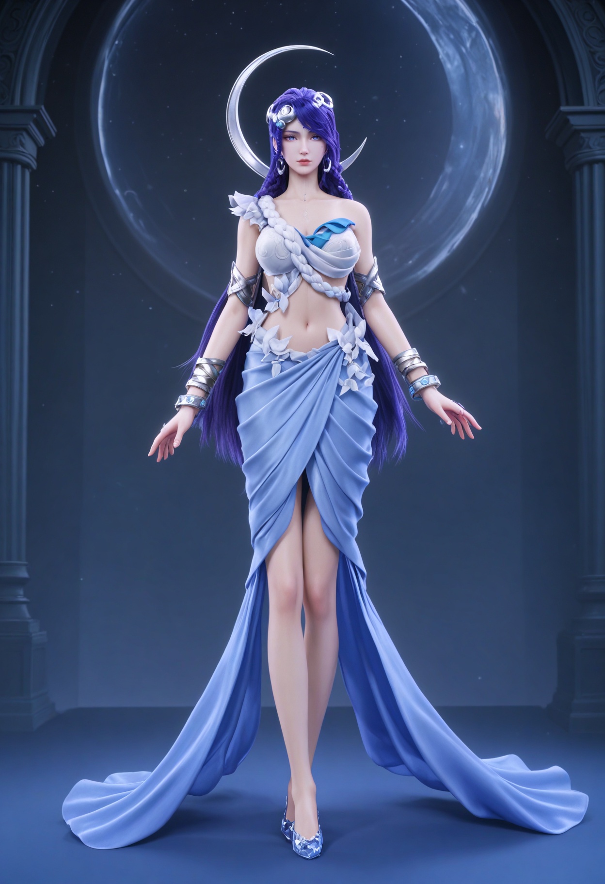 (full_body:1.1),(gigantic breasts:0.6),(slender:1.3),(looking_at_viewer:1.1),(masterpiece:1.1),(best quality:1.2),(intricate details),(smog:1.3),(Dark room:1.3),(dim lighting:1.3),<lora:YQ_Illustrious光辉v5_海月_V1:0.8>,q1528437228,solo,1girl,long_hair,purple_hair,jewelry,hair_ornament,earrings,blue_eyes,dress,blue_hair,braid,bracelet,crescent,bare_shoulders,midriff,very_long_hair,white_dress,skirt,crescent_hair_ornament,armor,purple_eyes,shoes,high_heels,realistic,blue_footwear,armlet,night,crescent_earrings,facial_mark,barefoot,hair_rings,long_skirt,white_pantyhose,blue_dress,masterpiece,(best quality),(intricate details:0.9) BREAK (intricate details:0.9),(realistic skin:1.2),masterpiece,best quality,newest,absurdres,hiahres,