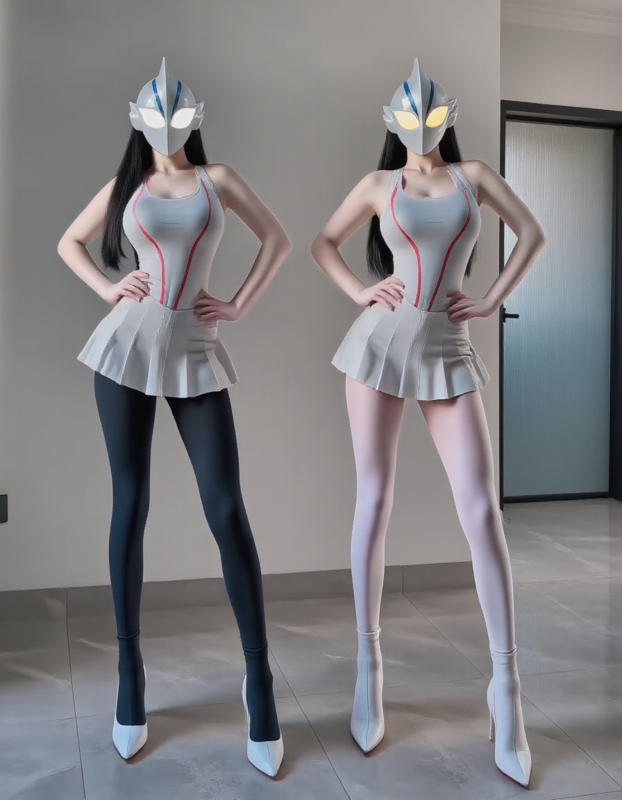 Ultraman,he wears an Ultraman pink mask,her full chest and elegant figure,her eyes sparkling with white light,This is a photo of a young woman standing in a minimalist room with beige walls and a large mirror on the right. Her long and straight black hair draped over her shoulders. This top is paired with a short and pleated skirt,which slightly opens up to expose her legs. Her left leg was wearing black transparent leggings,while her right leg was wearing a white transparent bodysuit,creating a sharp contrast. She was wearing white pointed high heels on her left foot and black pointed high heels on her right foot,adding height to her slim figure. The room has a modern and clean aesthetic. The overall composition emphasizes the contrast between a woman's figure and her legs,creating a visually striking and somewhat avant-garde appearance.,A photo of an Asian woman with short black hair,huge sagging breasts,and a slim physique,<lora:奥特曼最终版:1>,<lora:手机遮脸秀身材:1>,