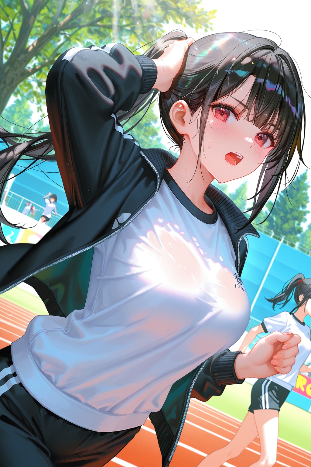 (ultra-detailed),(high detailed skin),((artist:reoen),(artist:fuzichoco),(artist:atdan),(artist:torino_aqua),year 2024:0.8),[artist:wlop],[artist:ningen_mame],artist:ciloranko,[[artist:rhasta]],artist:tidsean,colorful,running,jacket,breasts,shirt,outdoors,sweat,red eyes,open jacket,white shirt,black hair,multiple girls,blurry background,shorts,long hair,open clothes,large breasts,blurry,open mouth,long sleeves,ponytail,bangs,solo focus,dutch angle,hand on own head,track jacket,3girls,pants,tree,gym uniform,blush,black jacket,hair tie,day,arm up,looking at viewer,sidelocks,black shorts,teeth,fleeing,track and field,black pants,sportswear,sunlight,standing,