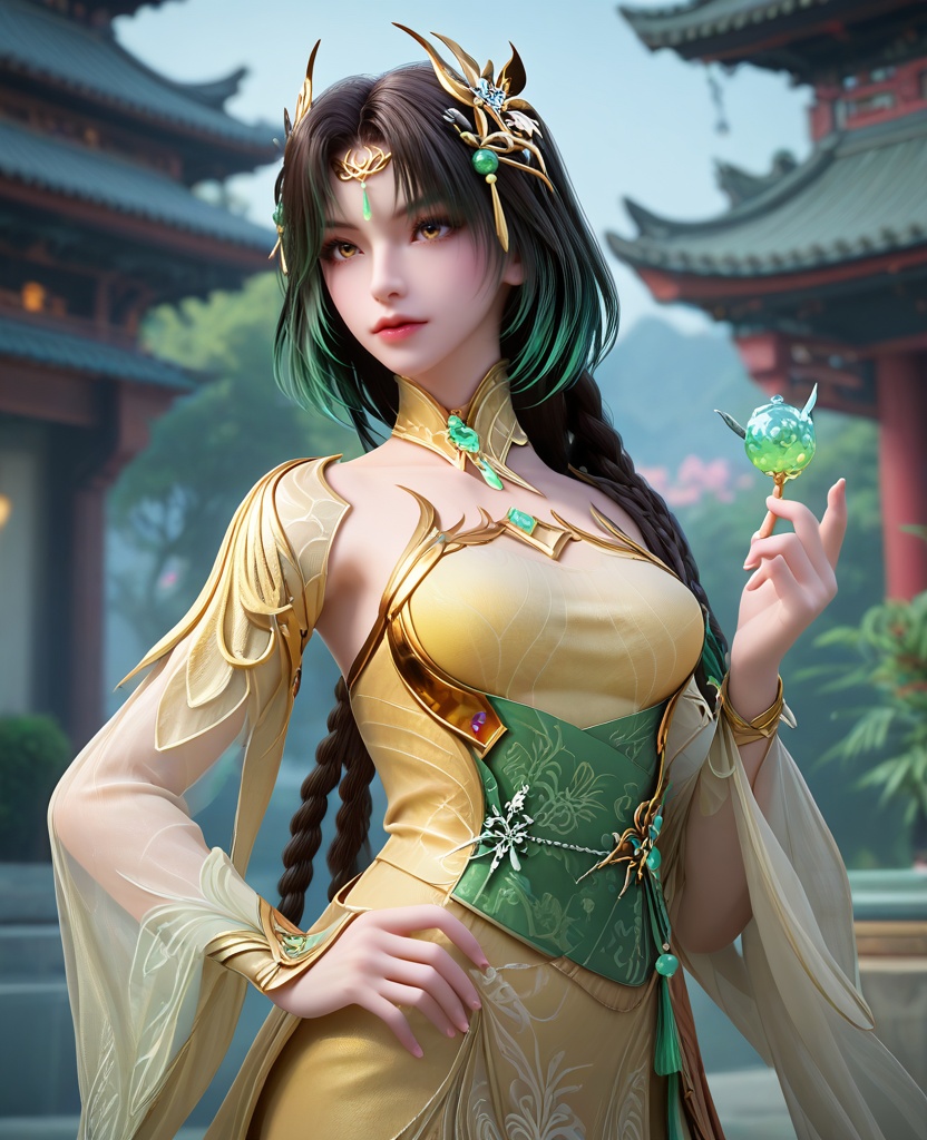 (oriental architecture, elegant decor, sophisticated style:1.1),one hand on her hip, one hand behind her head,(breasts:1.2),<lora:XL16完美世界苏兰:0.95>,miss sulan,yellow bandeau,bobtail,brown eyes,black hair,green highlights,braided ponytail,hair ornament,detached collar,very long hair,sash,black bobtail,, zPDXL2, score_9, score_8_up, score_7_up BREAK realistic, masterpiece,best quality, highly detailed,, zPDXL3, zPDXL2,zPDXL, zPDXLxxx, zPDXLrl,