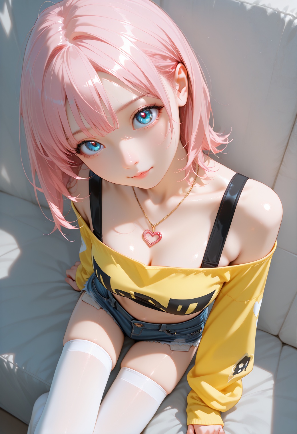 1girl,blue_eyes,pink_hair,yellow long sleeve shirt,off-shoulder shirt,denim hot pants,white thighhighs,from_above,black_tube_top,heart necklace,