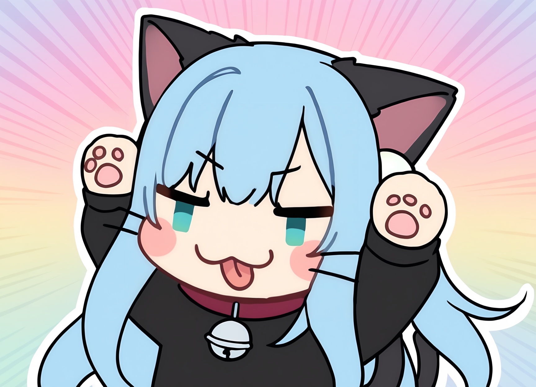 amashiro_natsuki,CHARACTERS-nekohashizuku, 1girl, solo, cat_girl, animal_ears, cat_ears, blue_hair, long_hair, blue_eyes, mischievous_expression, smirking, tail, whiskers, playful, cute, silly, paws, cat_paw, cat_tail, collar, bell, chibi, standing, dynamic_pose, giggling, wide_smile, tongue_out, cat_mouth, holding_ear, ears_flopping, fluffy_tail, playful_winking, teasing, comic_style, sketchy_lines, bright_colors, colorful_background,masterpiece, best_quality, newest,amashiro_natsuki,slit_pupils