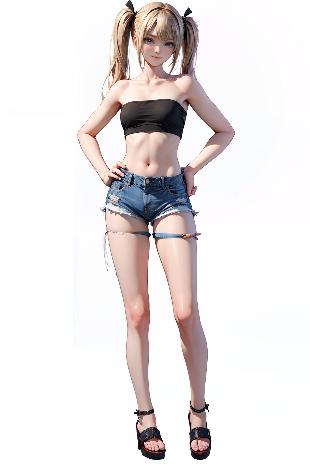 perfect hands,pretty hands,Best quality,masterpiece,ultra high res,high quality,8k,wallpaper,fine lineart,absurdres,marie rose,(Long Legs:1.2),(slim legs:1.2),1girl,solo,full body,white background,small breasts,looking at viewer,standing,sandals,simple background,closed mouth,bandeau,smile,denim shorts,bare shoulders,open fly,strapless,midriff,front view,<lora:marierose2rface:0.7>,<lora:女生Add More Details - Detail Enhancer _ Tweaker (细节调整) LoRA_v1.0:0.5>,twintails,hands on hips,