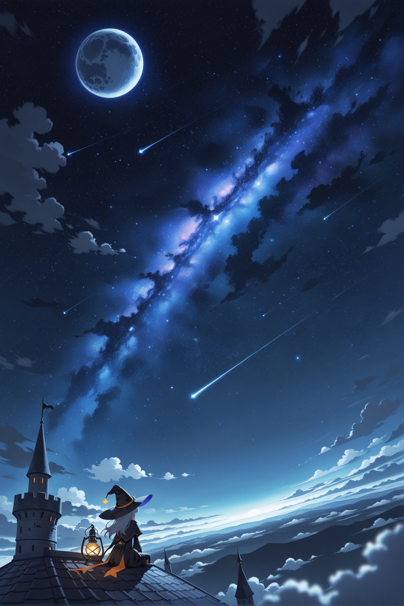 universe sky,art_sekuai7035,masterpiece,best quality,8K,ultra-high resolution,a girl sitting on a roof looking at far,European castle,witch costume,moon,cosmic stars,star \(sky\),sky,cloud,scenery,starry sky,starry sky,space,scenery,galaxy,night,night sky,Depth,Depth of Field,