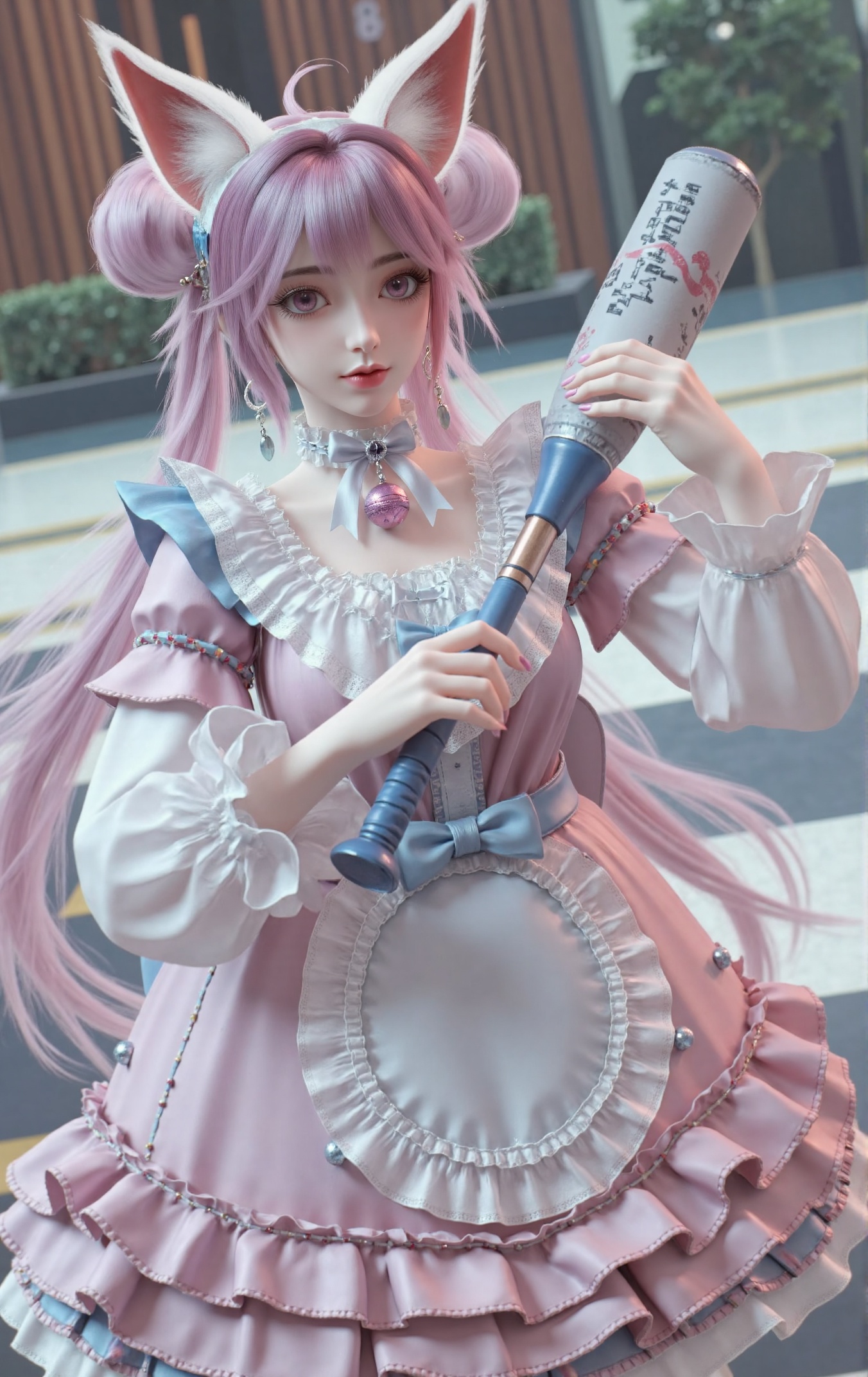 Xiaoli,a young woman with long lavender or light purple hair styled in twin buns,sometimes with bangs framing her face. She has large expressive eyes,pale skin,and red lips. Cat ears are either part of her hairstyle or worn as a headband, she may also have a cat tail and pink-furred ears.,She wears a frilly pink and blue maid outfit,including:,- A frilly pink and white dress with blue accents,- White lace collar and cuffs,- Blue bow at the neck or chest,- Optional thigh-high stockings,- Pink choker with a dangling bell or heart pendant,- Large silver hoop earrings,- Silver choker with a pink gem,Her pose is confident: standing with a blue baseball bat resting over one shoulder,looking directly at the viewer with a playful and self-assured expression.,The background features soft pastel colors and a whimsical,magical atmosphere — possibly an enchanted garden or dreamlike interior.,Masterpiece,best quality,beautiful art,fantasy realism,CGI image,ultra detailed,clean and vivid atmosphere,silhouette color style,full-body shot,looking at the audience.,