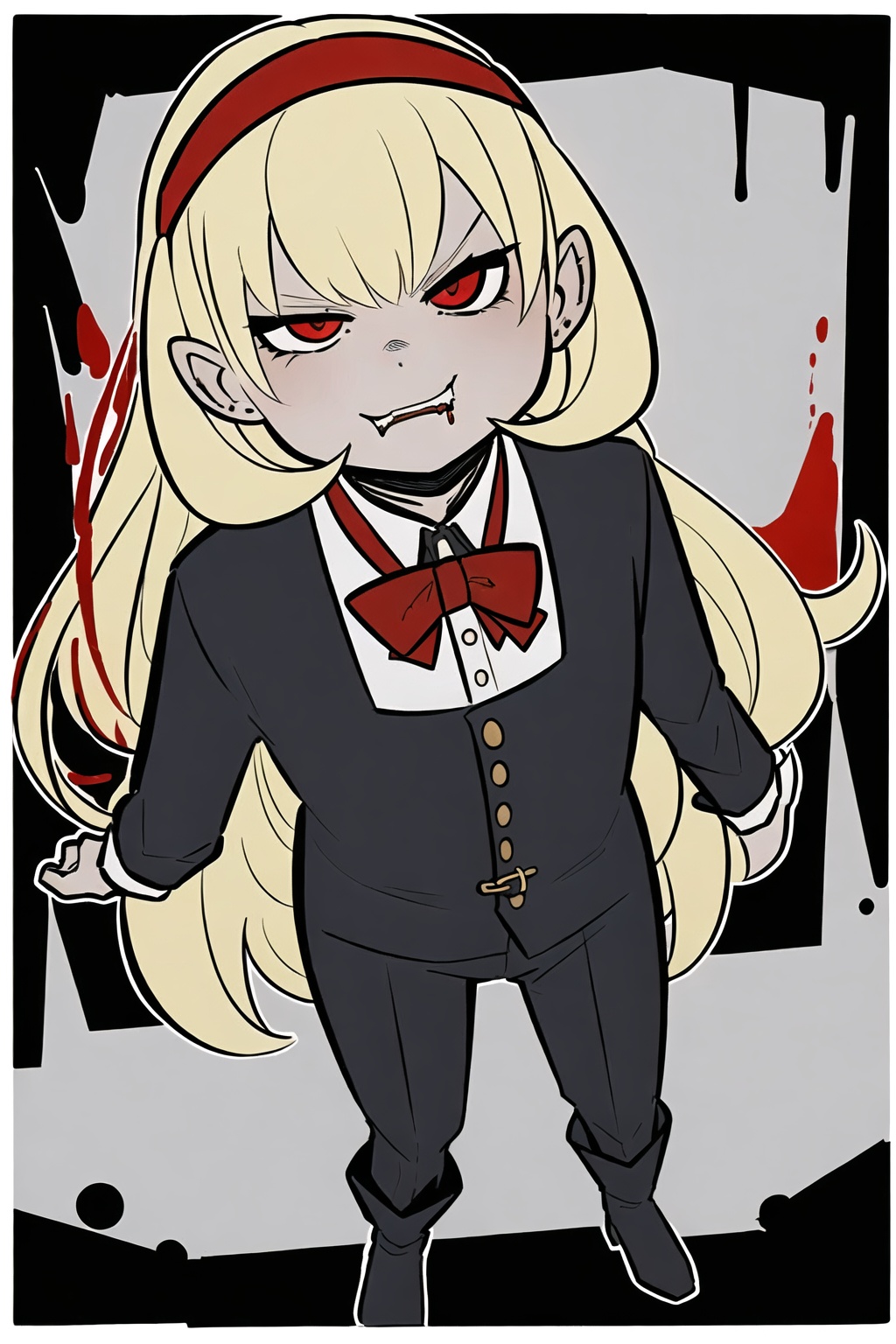 1girl,wsdxj,solo,ojousama,narrow one's eyes,cuteg,red headband,red bowtie,full body,age regression,rejection,(evil atmosphere:1.1),bewitching/bizarre/sinister appearance,guihuo inferno,blood head ring,