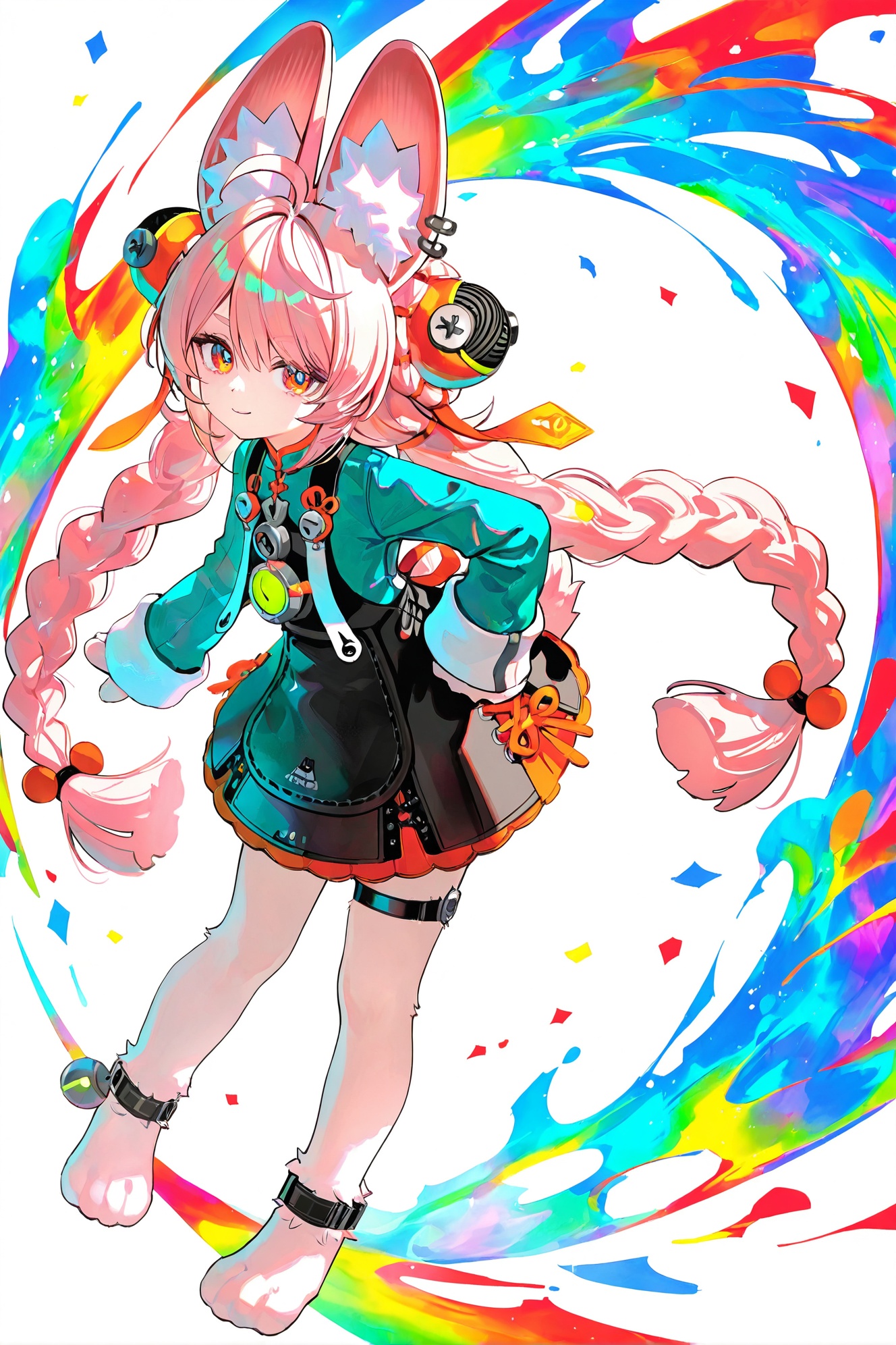 8k,best quality,masterpiece,(ultra-detailed),(high detailed skin),((artist:reoen),(artist:fuzichoco),(artist:atdan),(artist:torino_aqua),year 2024:0.8)1girl,[artist:wlop],[artist:ningen_mame],artist:ciloranko,[[artist:rhasta]],artist:tidsean,colorful,full body,full shot,standing,(solo:1.2),simple background,(white background:1.2),hand on own hip,(white background:1.1),looking at viewer,<lora:zhao-will-Tanger-000012:0.8>,Zhao \(Zenless Zone Zero\),little girl,little furry female,zhao animal ear fluff,Zhao def hair ornaments,clothes: zhao def cyan and black dress,1girl,long hair,tail,braid,thigh strap,