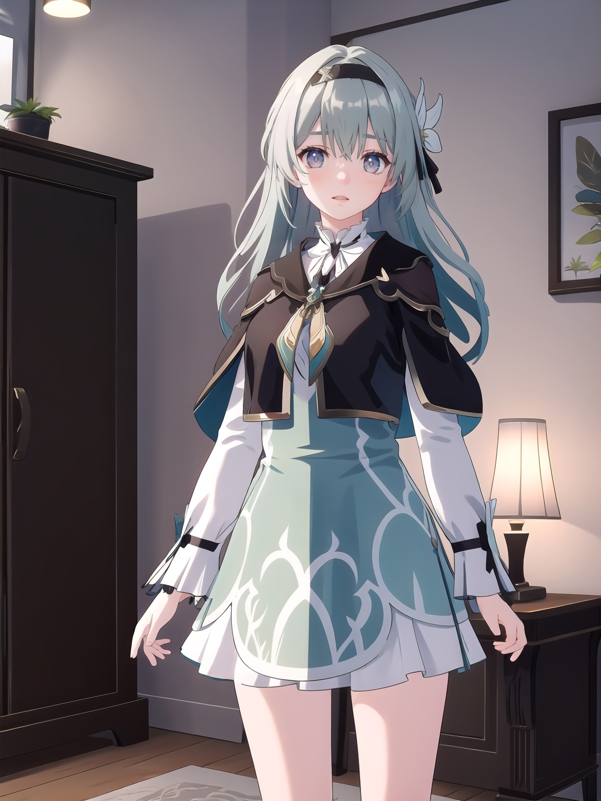 1girl,<lora:[角色]-[流萤-星穹铁道]流萤10:0.65>,liuying,bangs,long sleeves,hair ornament,black capelet,high quality,green dress,bare legs,indoors,bedroom,indoors,detailed face,, (best quality),((masterpiece)),