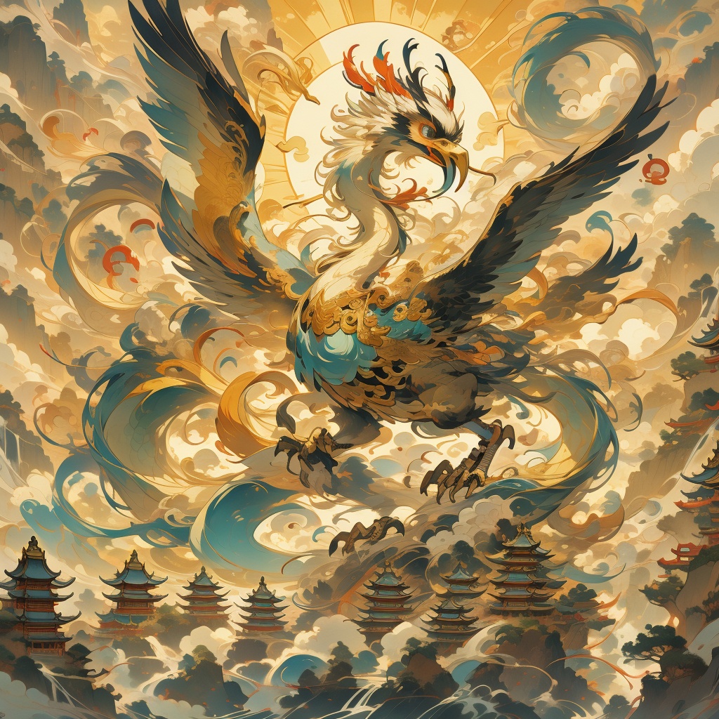 Thick color style, ancient Chinese mythology style, crane, a crane, solo,flying in the clouds, surrounded by clouds and sun