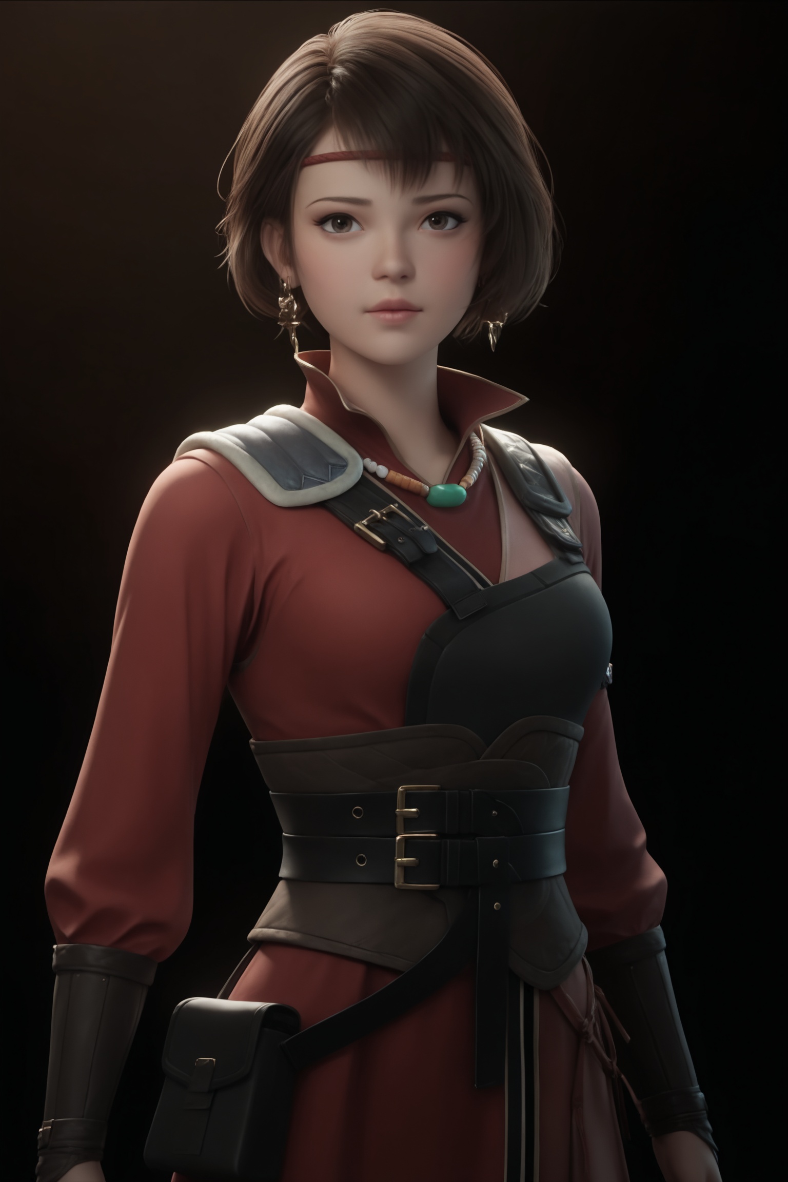 breasts,black background,simple background,photorealistic,1girl,beautiful_detailed_eyes,masterpiece,best quality,cinematic lighting,ethereal,standing,looking at viewer,<lora:灵笼-麦朵IL:0.7>,1girl,short,dark brown hair,red,knee-length dress,high collar,fitted bodice,belt,pouch,long sleeves,