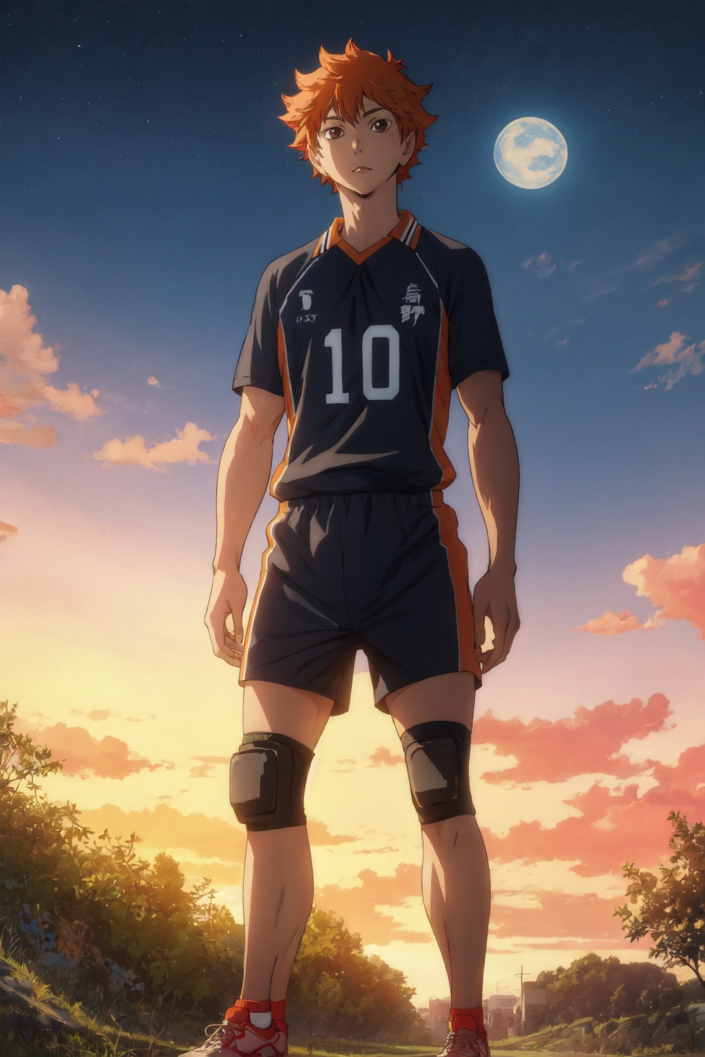 <lora:Hinata-000013:0.8>,Hinata CYQL,1boy,male focus,looking at viewer,solo,full body,orange hair,short hair,brown eyes,sportswear,volleyball uniform,shorts,black shorts,knee pads,socks,shoes,standing,smile,cowboy_shot,Landscape, Lunar, Moon, Craters, Rocks, Silence, Serenity, Mystery,(Enchanted trees, Fireflies, Glowworms, Magic atmosphere, Twilight hues, Whispers of the forest:0.5),beautiful detailed sky,beautiful detailed glow,masterpiece,best quality,wallpaper,