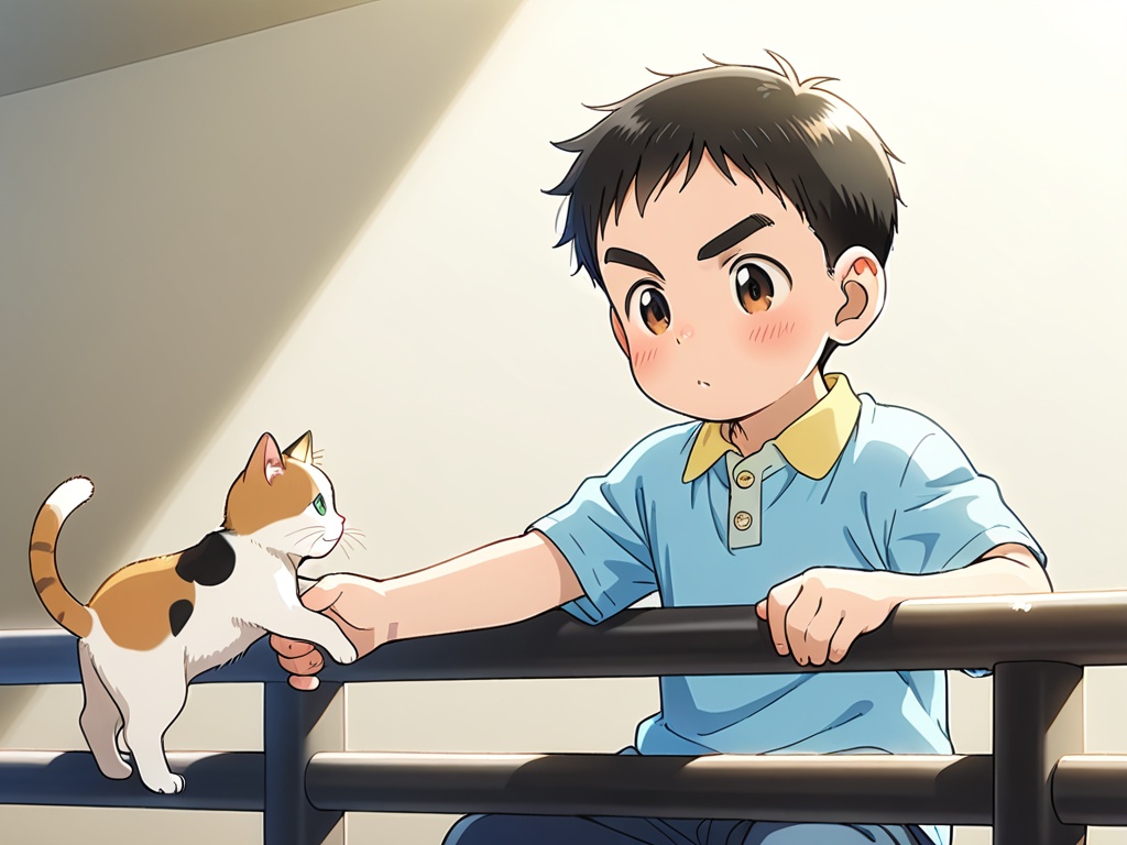 <lora:Gawain_XL:1>,male focus,shirt,1boy,toddler,male child,petite,very short hair,black hair,brown eyes,sitting_on_railing,naughty,feet_up,holding_animal,cat,(blush:0.8),long eyebrows,perfect hands,(5fingers:1.3),correct anatomy,huge filesize,available light,background light,Volumetric Lighting,front view,(full_shot:1.2),