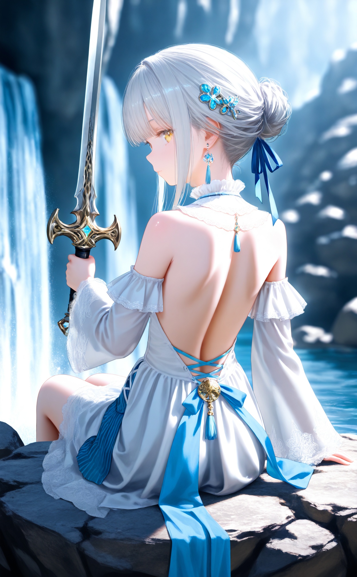 masterpiece,very aware,highres,absurdres,newest,best quality,high quality,loli,petite,chromatic_aberration,Light Blue Theme,//,1girl,solo,weapon,sword,dress,holding,hair ornament,yellow eyes,holding weapon,sitting,white dress,bare shoulders,earrings,holding sword,waterfall,white hair,jewelry,backless outfit,bare back,breasts,from behind,detached collar,detached sleeves,off shoulder,grey hair,rock,hair bun,off-shoulder dress,wide sleeves,back,backless dress,sidelocks,tassel,closed mouth,medium breasts,back focus,makeup,long sleeves,blue ribbon,shoulder blades,looking back,cave,//,//,official art,depth of field,detailed light,blurry background,best shadow,shiny skin,cinematic lighting,ray tracing,amazing quality,very aesthetic,absurdres,beast quality,ultra detailed,newest,8K,HDR,