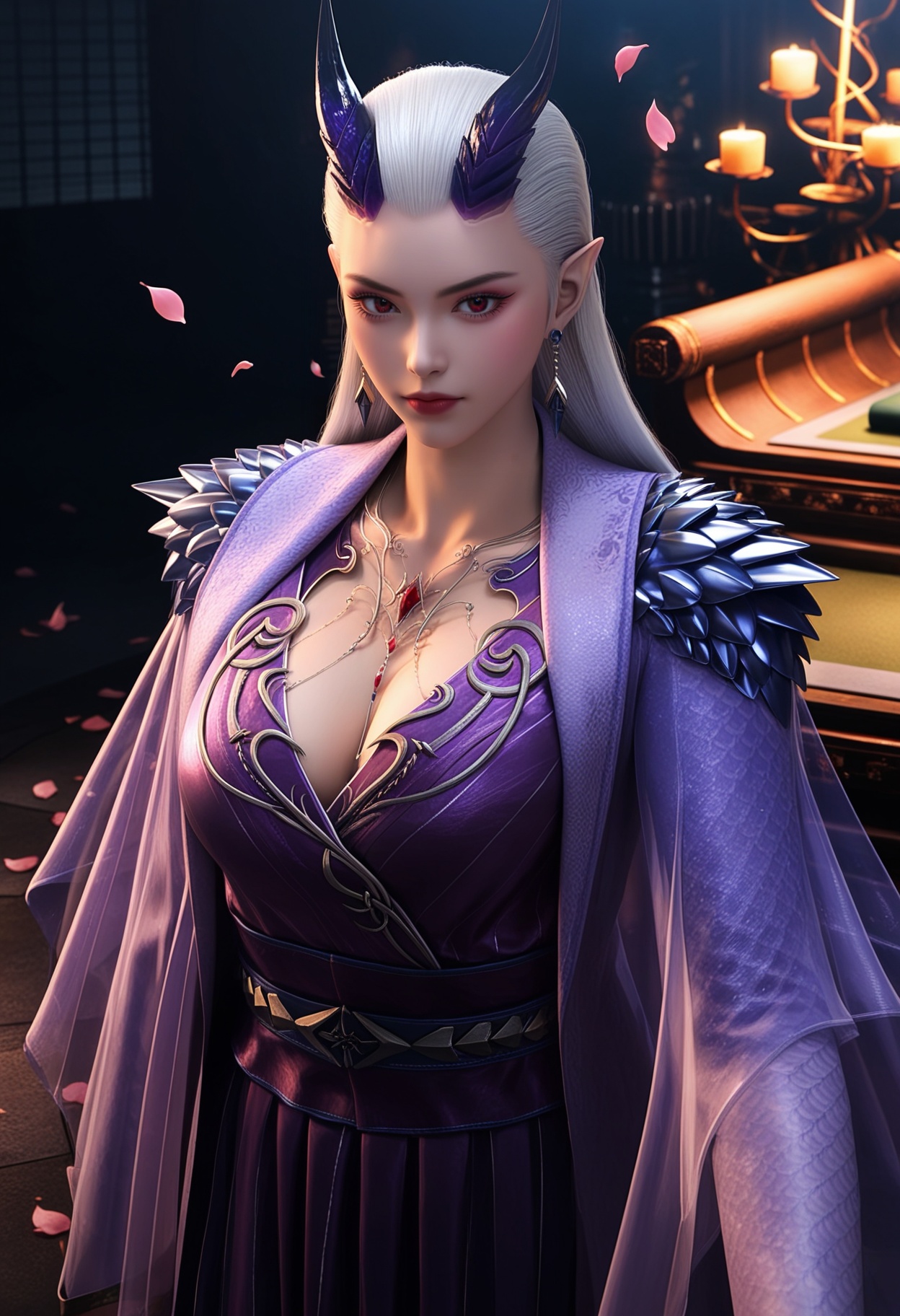 masterpiece,best quality,amazing quality,very aesthetic,high resolution,ultra-detailed,absurdres,scenery,photorealistic,(looking at viewer:1.1),upper body,(Dark room:1.3),(moody lighting:1.1),peach blossom,falling petals,(large breasts:0.8),monasuo,1girl,solo,white hair,long hair,jewelry,horns,earrings,pointy ears,necklace,closed mouth,dress,makeup,purple dress,long dress,long sleeves,red lips,brown eyes,barefoot BREAK photorealistic details,<lora:QQSillmonasuoV1:0.8>,