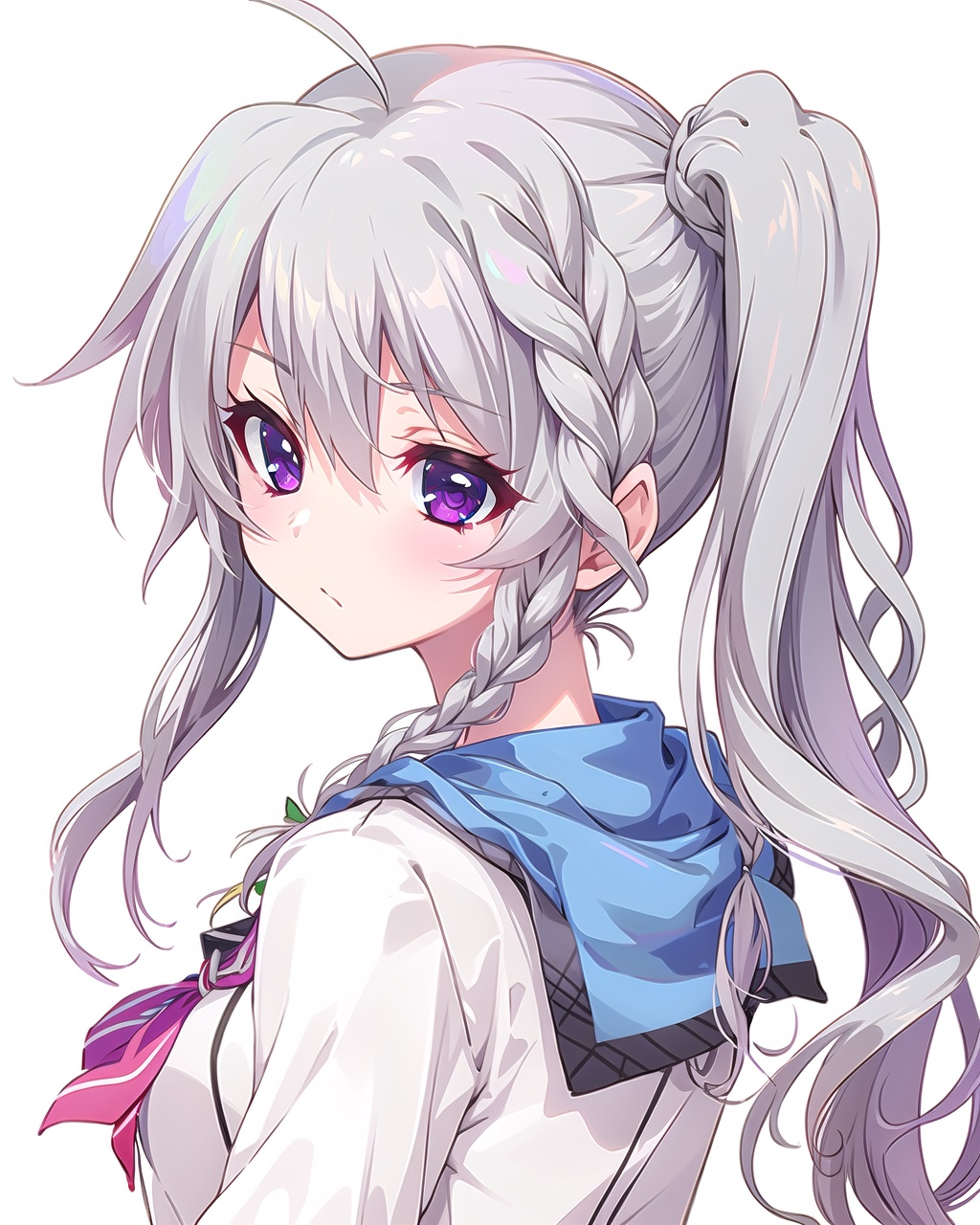 niimisora school uniform,white hair,purple eyes,ahoge,side ponytail,side braid,, masterpiece,best quality,