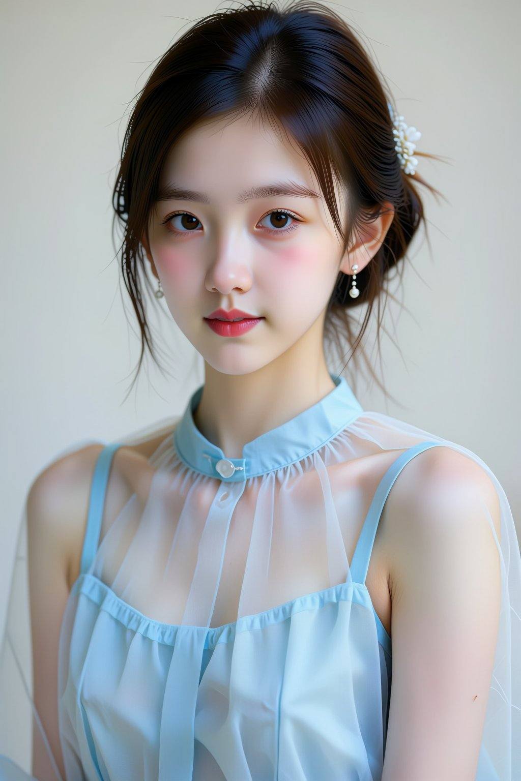 The image depicts a realistic digital portrait of an East Asian woman with fair skin and black hair styled in a simple,  c...