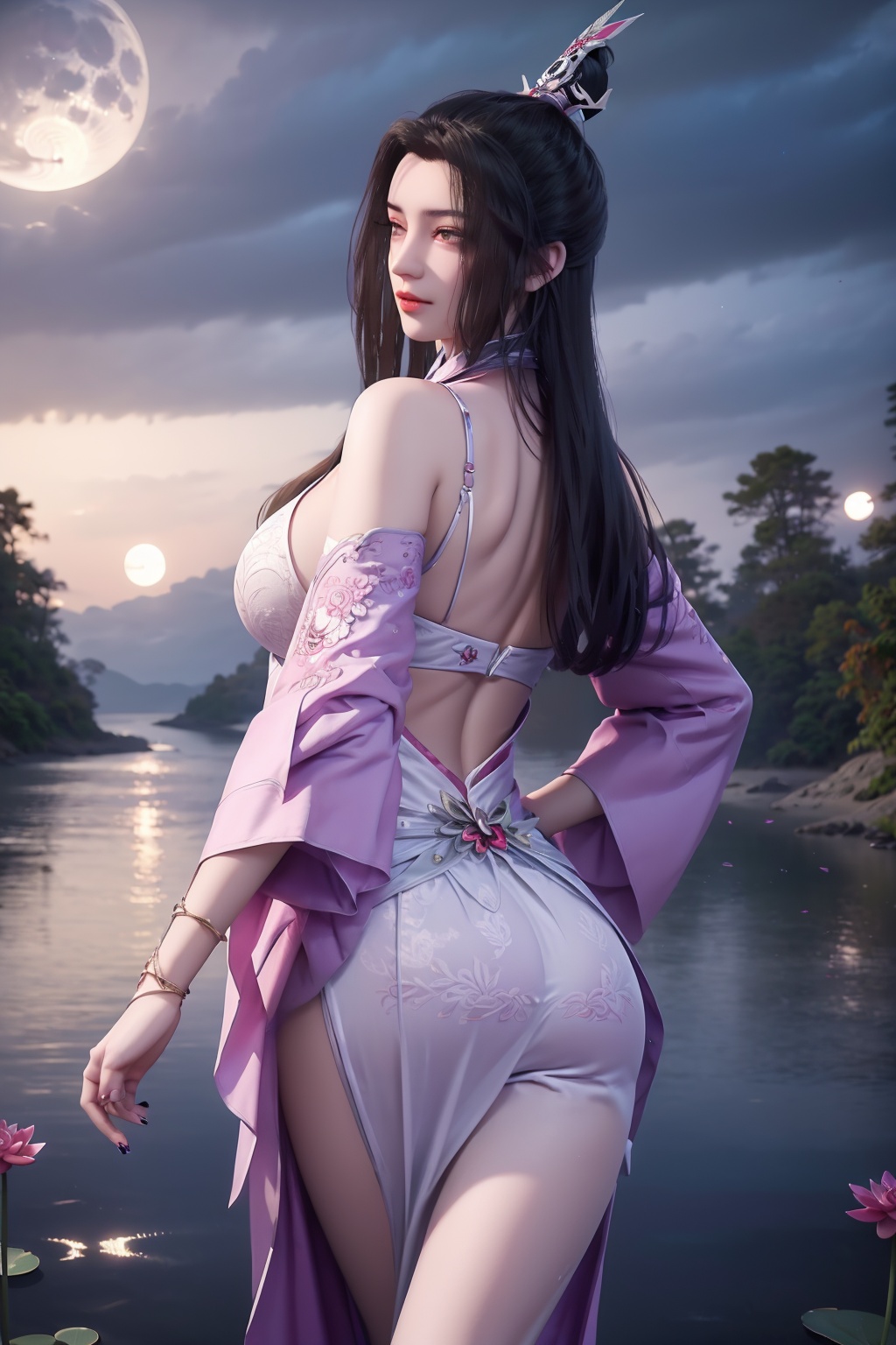 standing,dress,chinese clothes,flower,full_moon,moon,night,lily_pad,lotus,moonlight,nipples,water,night_sky,lily_\(flower\),sky,partially_submerged,1girl,solo,hair ornament,realistic,nail polish,photo_\(medium\),(big breasts,cleavage),makeup,(8k, RAW photo, best quality, masterpiece:1.2),(realistic, photorealistic:1.3),ultra-detailed,extremely detailed cg 8k wallpaper,(crystalstexture skin:1.2),extremely delicate and beautiful,(sexy pose:1.2),ass,from behind,(looking back:1.5),bent over,hair ornament,
