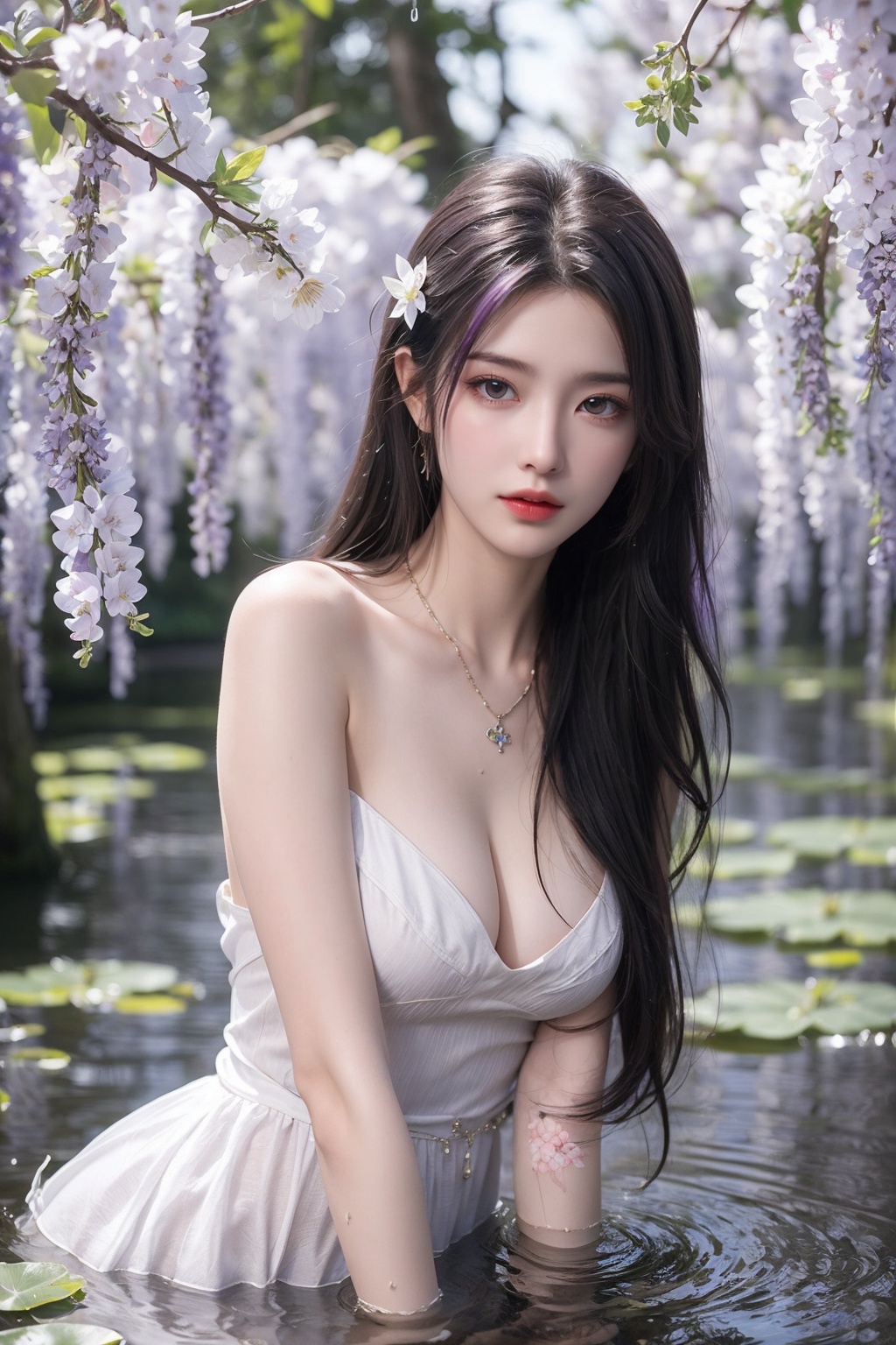 1girl, bare shoulders, bare tree, branch, breasts, cherry blossoms, cleavage, dress, falling petals, flower, full moon, hair flower, jewelry, lily \(flower\), lily pad, long hair, looking at viewer, lotus, medium breasts, moon, necklace, night, outdoors, petals, petals on liquid, pink flower, purple eyes, purple hair, solo, spring \(season\), standing, tree, very long hair, wading, water, wet, white flower, wisteria,(purple  girl),  <lora:比基尼:0.66>
