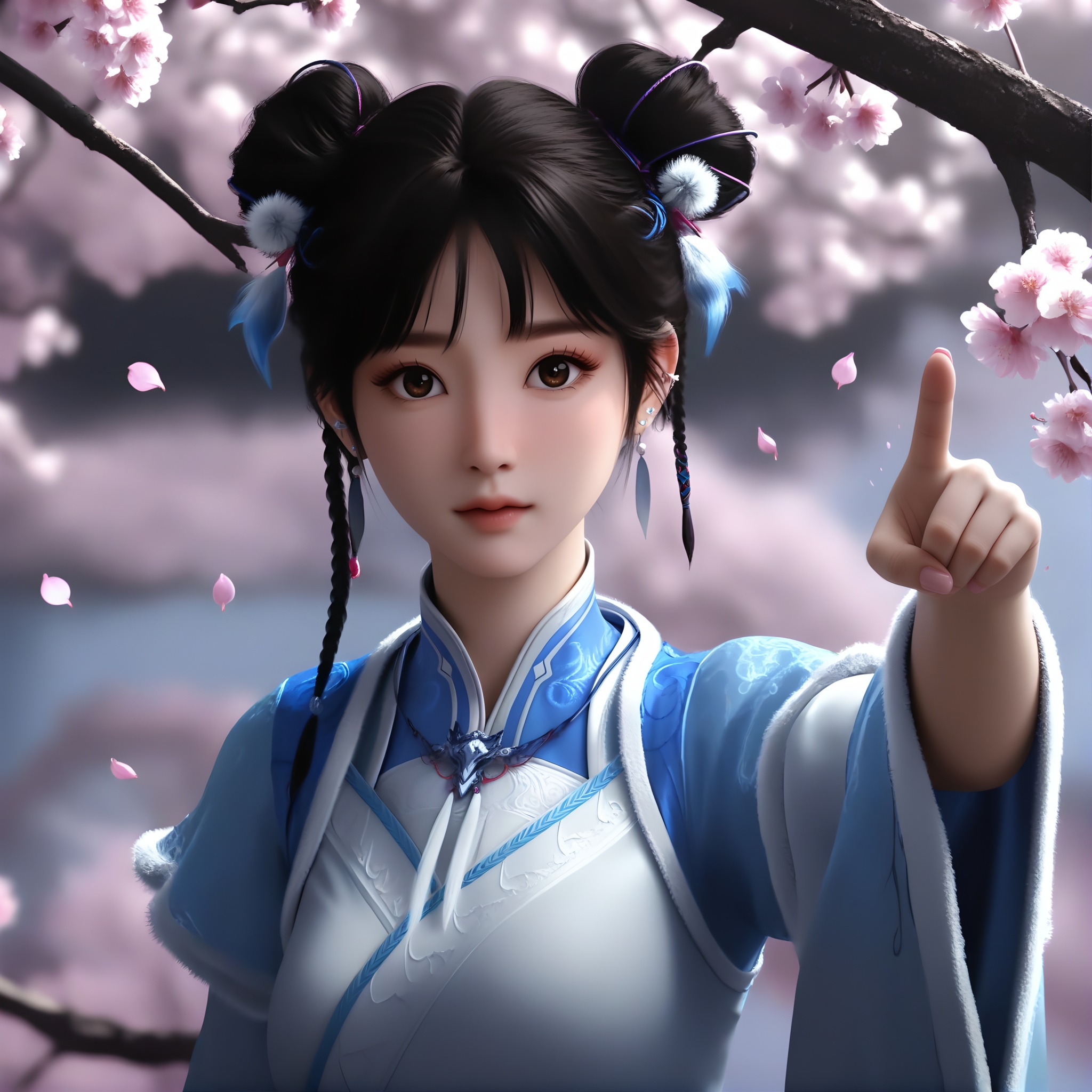 (score_9),slender,(glamor:1.1),1girl,solo,<lora:宁小龄pony:0.82>,black hair,braid,hair ornament,double bun,brown eyes,earrings,light blush,high collar,blue-white gradient hanfu,chinese clothing,metal pendant,looking at viewer,front view,(pointing_at_viewer),pointing,upper body,(index_finger_raised),BREAKdepth of field,Volumetric Lighting,Tyndall effect,Cinematic Lighting,twig,branch,falling petals,