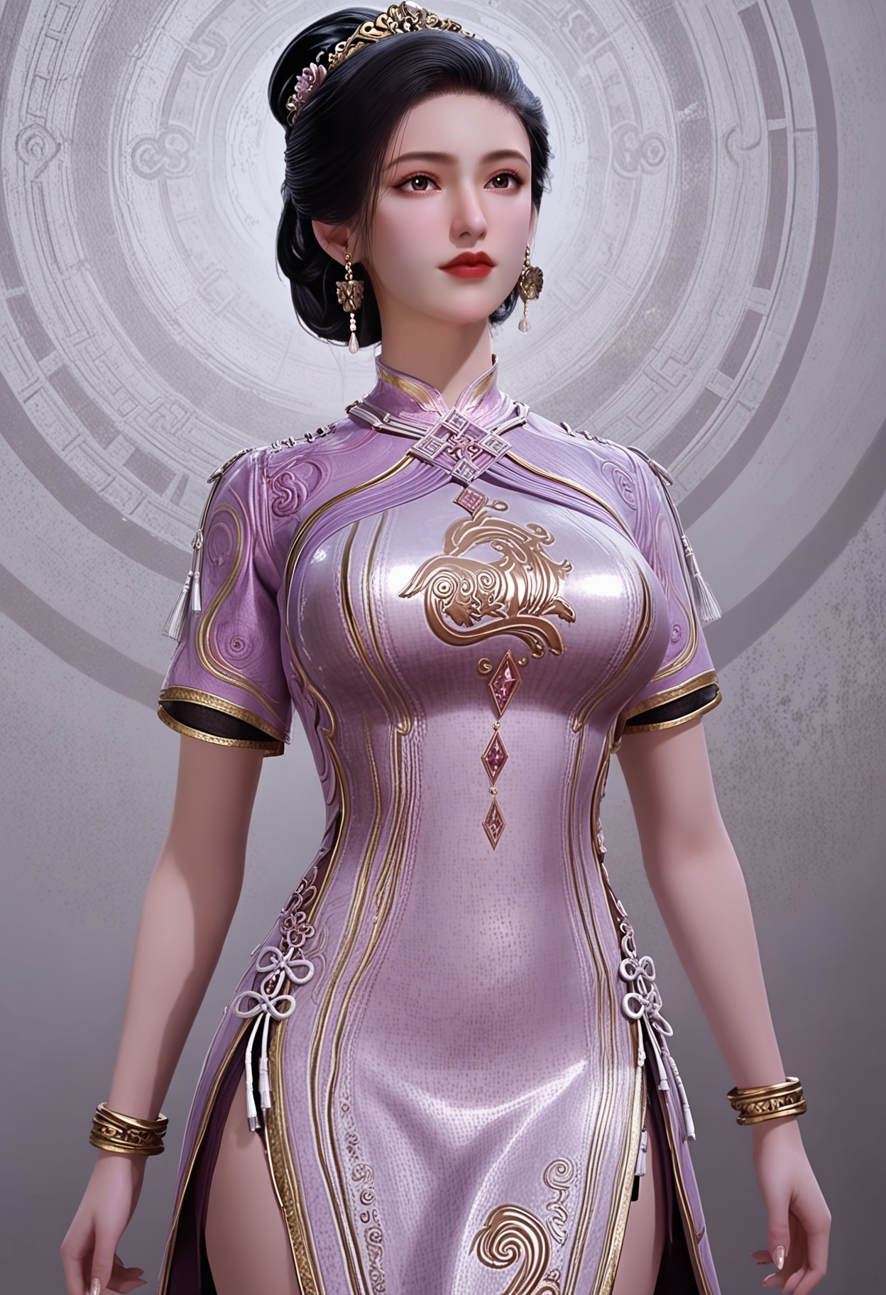 score_9,high detail,best quality,cinematic lighting,volumetric lighting,shiny skin,shiny,1girl,solo,brown eyes,jewelry,earrings,china dress,black hair,hair_ornament,hair_bun,purple dress,huge_breasts,white background,short sleeves,realistic,red lips,closed mouth,bracelet,looking at viewer,thighs,<lora:QQSponynanshuishuiV1:0.8>,<lora:Pony_DetailV2.0:0.8>,<lora:皮肤凹痕:0.1>,