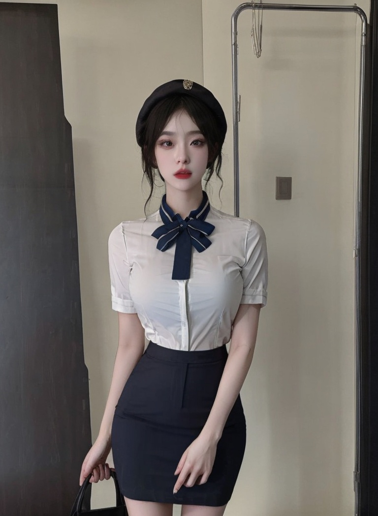 (masterpiece, best quality:1.4),finely detailed,1girl,solo,pale skin,perfect body,(gigantic breasts:1.2),standing,<lora:性感空姐制服-000008:0.8>,blue skirt,bow,hat,pencil skirt,white shirt,