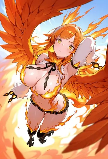 1girl, solo, 20yo, curvy,phoenixmge, monster girl,  harpy, orange hair, winged arms, see-through dress, large breasts, orange eyes, long hair, feathered wings, fire, navel, extra arms, phoenix, orange wings, large wings, black talons, white fur, fiery tail, orange tail, fiery wings, neck ruff, fiery clothing, white shirt, white frills, bare shoulders, white sleeves, sleeves past fingers, black ribbons, detached sleeves, blush, sweat, tsundere, midair, flying, wing flapping, feathers, dynamic angle, dynamic pose, perspective, foreshortening, clouds, sky, full body, arm up,looking at viewer,   detailed background,  volumetric lighting,  dynamic shadows,masterpiece, best quality, amazing quality, absurdres, very aesthetic, vibrant, depth of field,<lora:StS-Illustrious-Detail-Slider-v1.0:3> <lora:illustrious_quality_modifiers_masterpieces_v1:0.5>   <lora:phoenixmge-000006:1>
