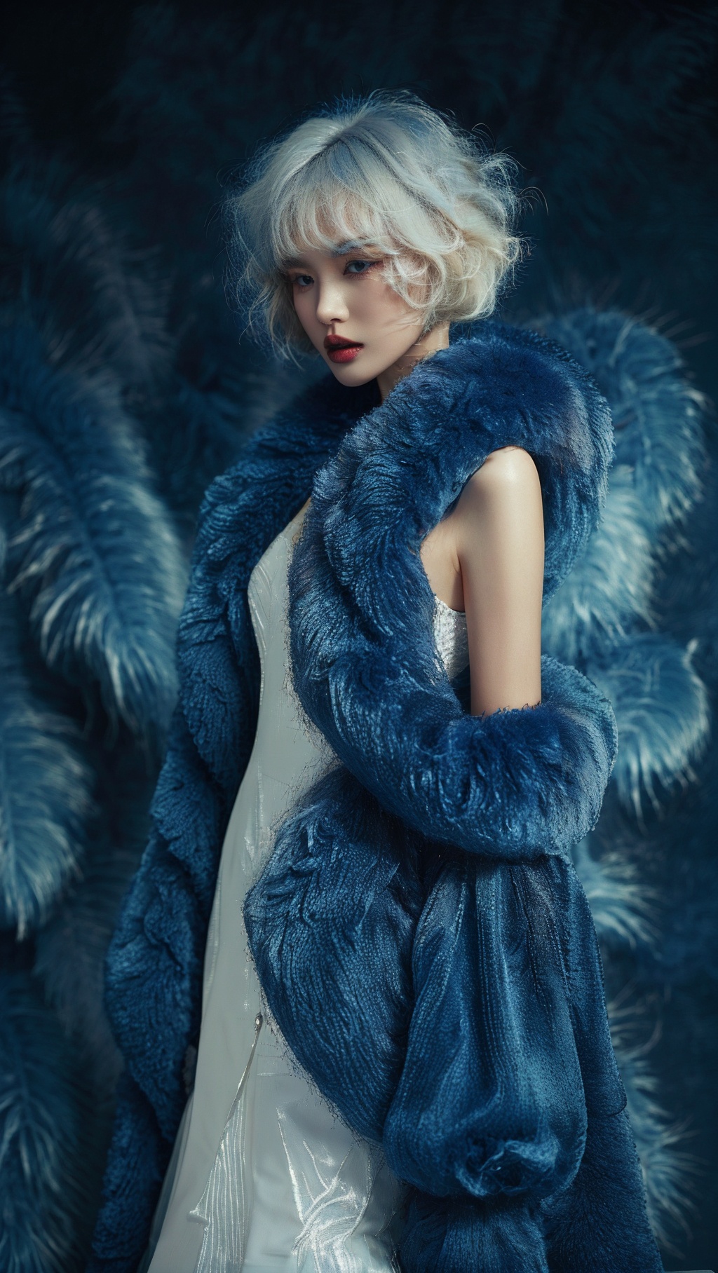 winter, sdmai, xiaodiao, mink fur coat, Blue tone style background, close-up view, 1girl, solo, dress, white hair, short hair, blonde hair<lora:SDMAI小貂xiaodiao:1>,