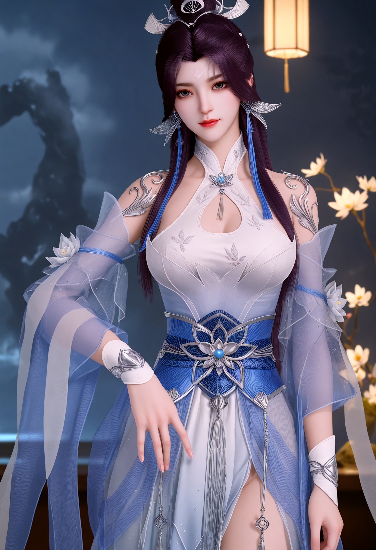 upper_body,(gigantic breasts:0.6),(slender:1.3),(looking_at_viewer:1.1),(masterpiece:1.1),(best quality:1.2),(intricate details),(smog:1.3),(Dark room:1.3),(dim lighting:1.3),<lora:YQ_Illustrious光辉v5_绫清竹新服装_V1:0.8>,q1528437228,solo,1girl,long_hair,dress,hair_ornament,black_hair,jewelry,hair_bun,white_dress,barefoot,earrings,single_hair_bun,sash,purple_hair,anklet,brown_hair,clothing_cutout,bare_shoulders,facial_mark,bare_legs,detached_sleeves,blue_dress,cleavage_cutout,ponytail,chinese_clothes,forehead_mark,tattoo,flower,see-through,realistic,long_sleeves,black_eyes,cleavage,hanfu,armor,gloves,tassel,elbow_gloves,masterpiece,(best quality),(intricate details:0.9) BREAK (intricate details:0.9),(realistic skin:1.2),masterpiece,best quality,newest,absurdres,hiahres,