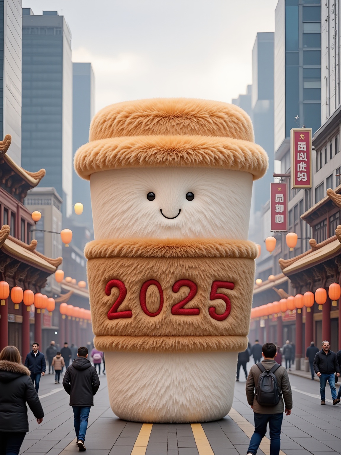 YY_plush,At the top of the picture is the big number "2025" and the small words "Happy New Year". A huge plush coffee cup is placed on a busy Chinese street surrounded by towering modern buildings,creating a Chinese New Year atmosphere. The street is decorated with paper lanterns,and the sky and weather are clear. A few pedestrians pass by,and some stop to watch or take pictures of this unique scene. High quality photo realistic images,a huge plush coffee cup located in a city scene of modern architecture and curious people around it.,<lora:YY-毛绒F.1:1>,