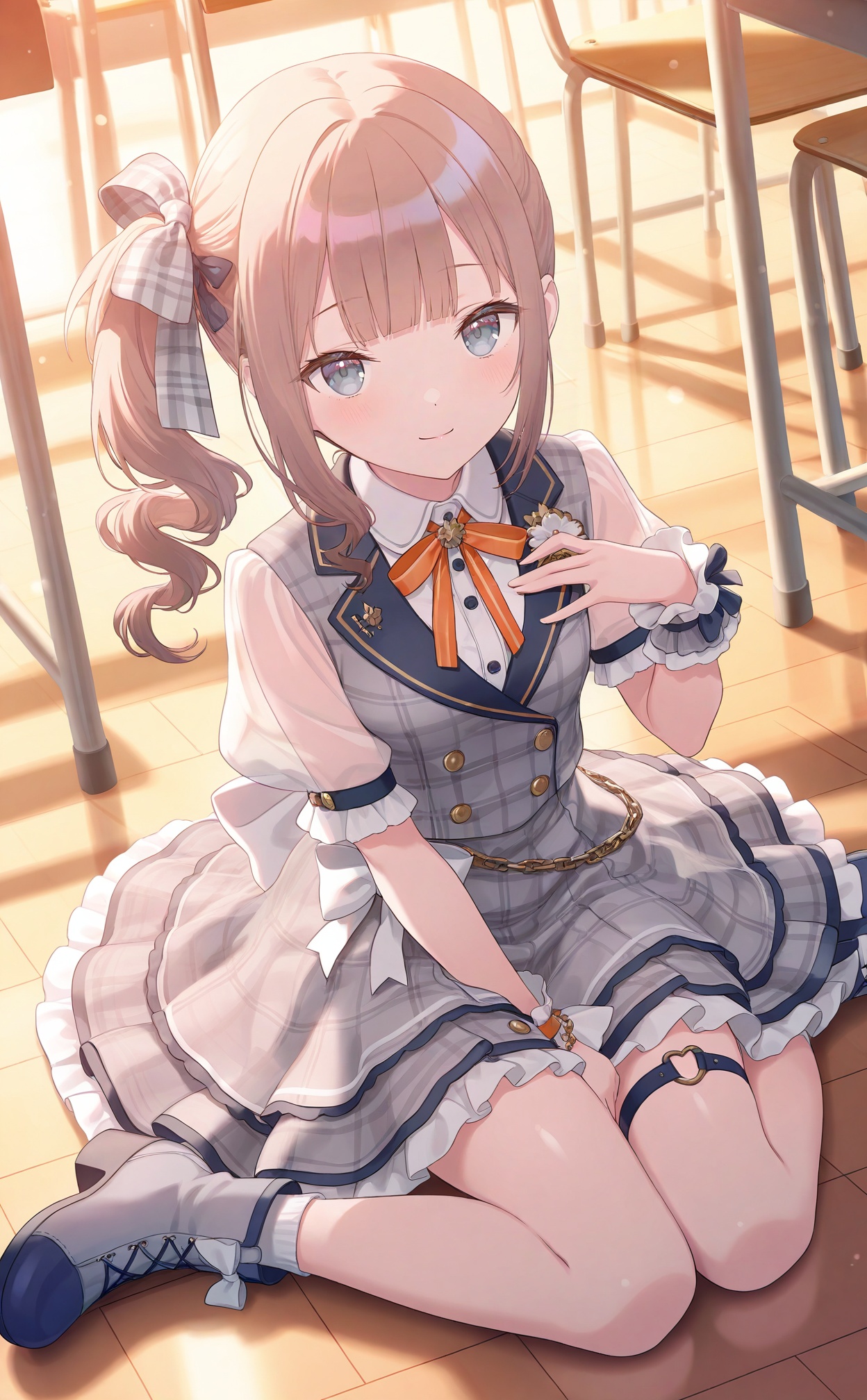 masterpiece,very aware,highres,absurdres,newest,best quality,(loli),petite,high quality,chromatic_aberration,White Theme,//,1girl, drum, reflective_floor, solo, frills, hand_on_own_chest, ribbon, drum_set, wariza, neck_ribbon, plaid, sitting, floor, buttons, blunt_bangs, side_ponytail, on_floor, striped_ribbon, looking_at_viewer, dot_nose, smile, drumsticks, brown_hair, chair, plaid_dress, red_ribbon, blue_eyes, frilled_dress, dress, purple_footwear, instrument, backlighting, frilled_sleeves, plaid_ribbon, closed_mouth, breasts, desk, holding_drumsticks, tile_floor, grey_dress, bow, side_drill, see-through, school_desk, school_chair, ankle_strap, hand_up, hair_ornament, double-breasted, wavy_hair, gold_chain, shoes, tiles, knees_together_feet_apart, hair_ribbon, full_body, waist_bow, reflection, light_brown_hair, chain, long_sleeves, wrist_cuffs, indoors, short_dress, collared_shirt, light_smile, official_alternate_costume, frilled_skirt, socks, long_hair, light_particles, plaid_skirt, classroom, light_blush, sidelocks, medium_breasts, bare_legs, striped_clothes, evening, curly_hair, see-through_sleeves, leg_ribbon, hand_between_legs, thigh_strap, ankle_socks, hair_bow, single_horizontal_stripe, layered_dress, eyelashes, frilled_cuffs, white_bow, blue_footwear, purple_ribbon, puffy_sleeves, corsage, puffy_long_sleeves, shirt, white_shirt, gold_trim, blue_ribbon, grey_eyes, jewelry, orange_ribbon, jacket, single_wrist_cuff, sunlight, hand_on_lap, pale_color, ankle_boots, single_sidelock, between_legs, grey_footwear, scrunchie, wrist_bow, footwear_bow, wooden_floor//,artist:luvluvvox,artist:fukai ryosuke,[artist:Torino aqua],artist:minato hitori,hiten_(hitenkei),artist:rurudo,artist:lazuri7,artist:yunikon,//,absurdres,newest,very aesthetic,amazing quality,highres,sensitive,ultra detailed,best anatomy,HDR,8K,high detail RAW color art,high contrast,illustration,depth of field,(colorful),phenomenal aesthetic,detailed light,blurred picture,Tyndall effect,contrast,lens flare,cinematic lighting,//,<lora:PVC5——【noob】hans:0.3>,<lora:konya_karasue——【noob】hans:0.5>,<lora:pjsk-noob-hans:0.65>,