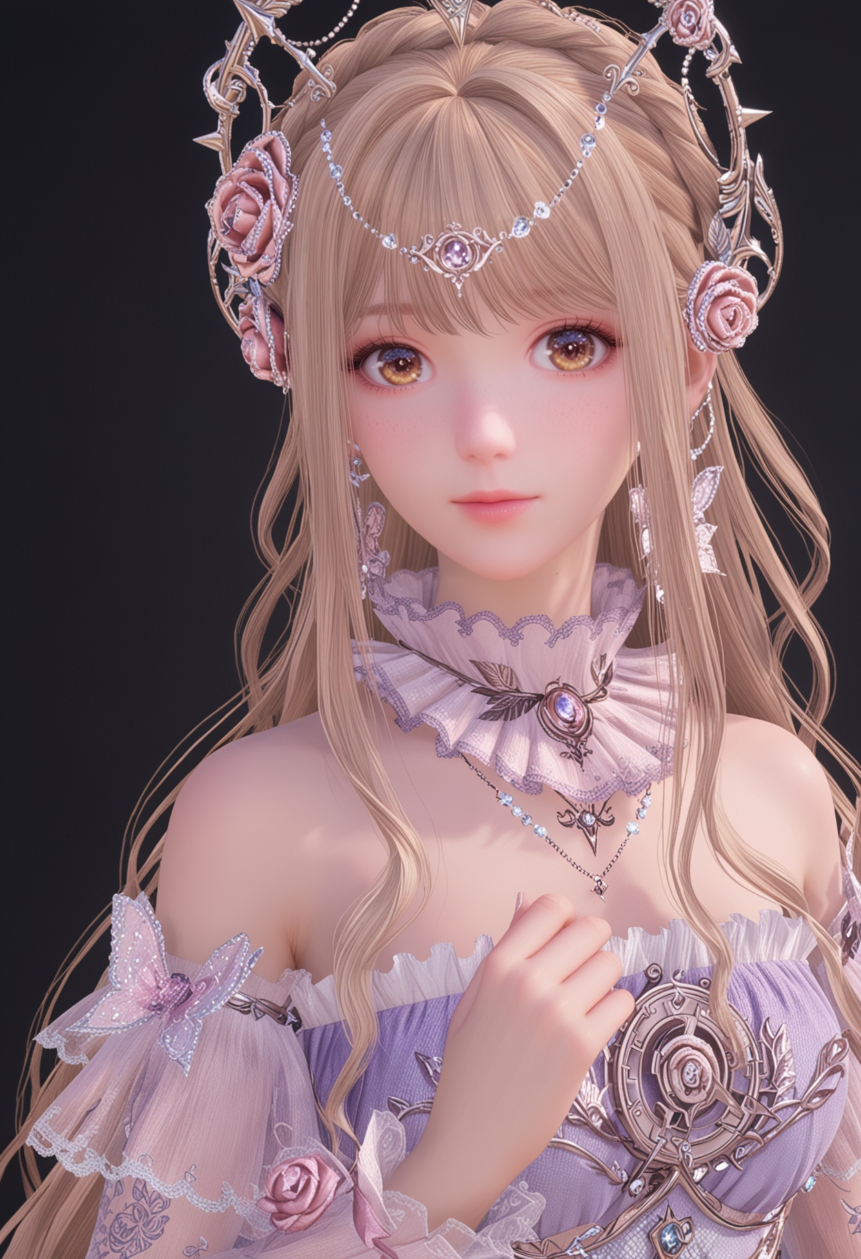 (perfect_anatomy:1.1),(looking_at_viewer:1.2),(upper_body:1.2),<lora:YQponynuannuan6V4:0.8>,q1528437228,solo,1girl,long hair,blonde hair,dress,flower,hair ornament,hair flower,jewelry,bare shoulders,brown eyes,braid,earrings,purple dress,very long hair,rose,high heels,detached sleeves,pink flower,brown hair,pink rose,shoes,gem,tiara,bug,bow,crown,pantyhose,perfect_anatomy BREAK perfect_anatomy,(score_9:1.2),(simple background,pure black background,black background:1.3),perfect_anatomy,