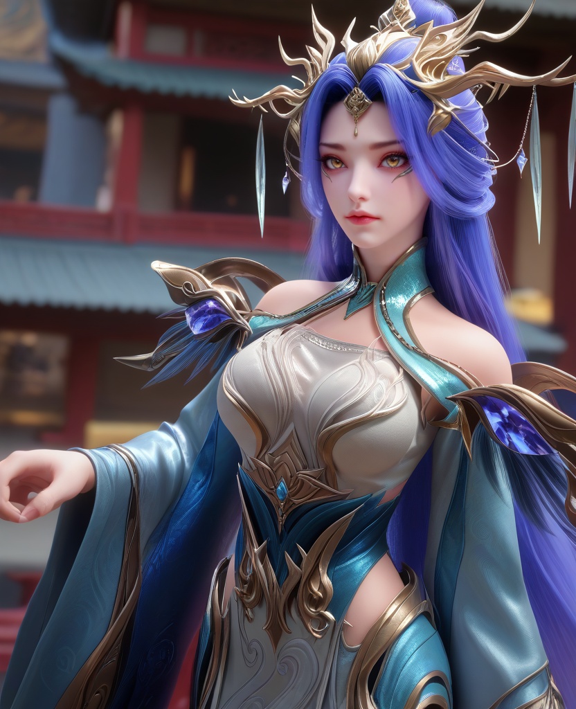 (oriental architecture, elegant decor, sophisticated style:1.1),(beckoning:1.1),(breasts:1.2),<lora:XL16克金玩家则天女帝:0.95>,goddess,pale blue tiered high-low gown,yellow eyes,violet hair,very long hair,hair ornament,hagoromo,wide flowing sleeves,sash,, zPDXL2, score_9, score_8_up, score_7_up BREAK realistic, masterpiece,best quality, highly detailed,, zPDXL3, zPDXL2,zPDXL, zPDXLxxx, zPDXLrl,