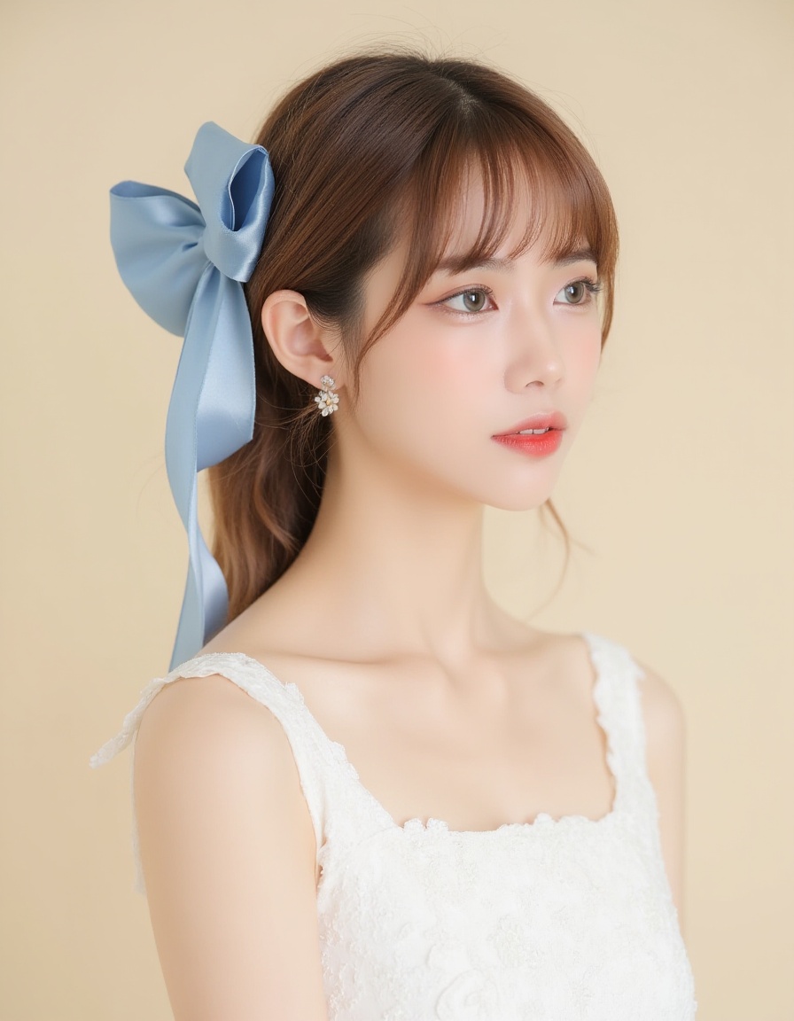 A photograph features a young Asian woman with fair skin and a slender build. She has wavy, light brown hair adorned with a large, satin blue bow. Her makeup is subtle, with a natural look. She wears a white, sleeveless, textured dress with delicate floral patterns. Her expression is calm and serene as she gazes slightly to the side. The background is a plain, light beige, ensuring the focus remains on her. The image has a soft, dreamy quality, emphasizing elegance and innocence.