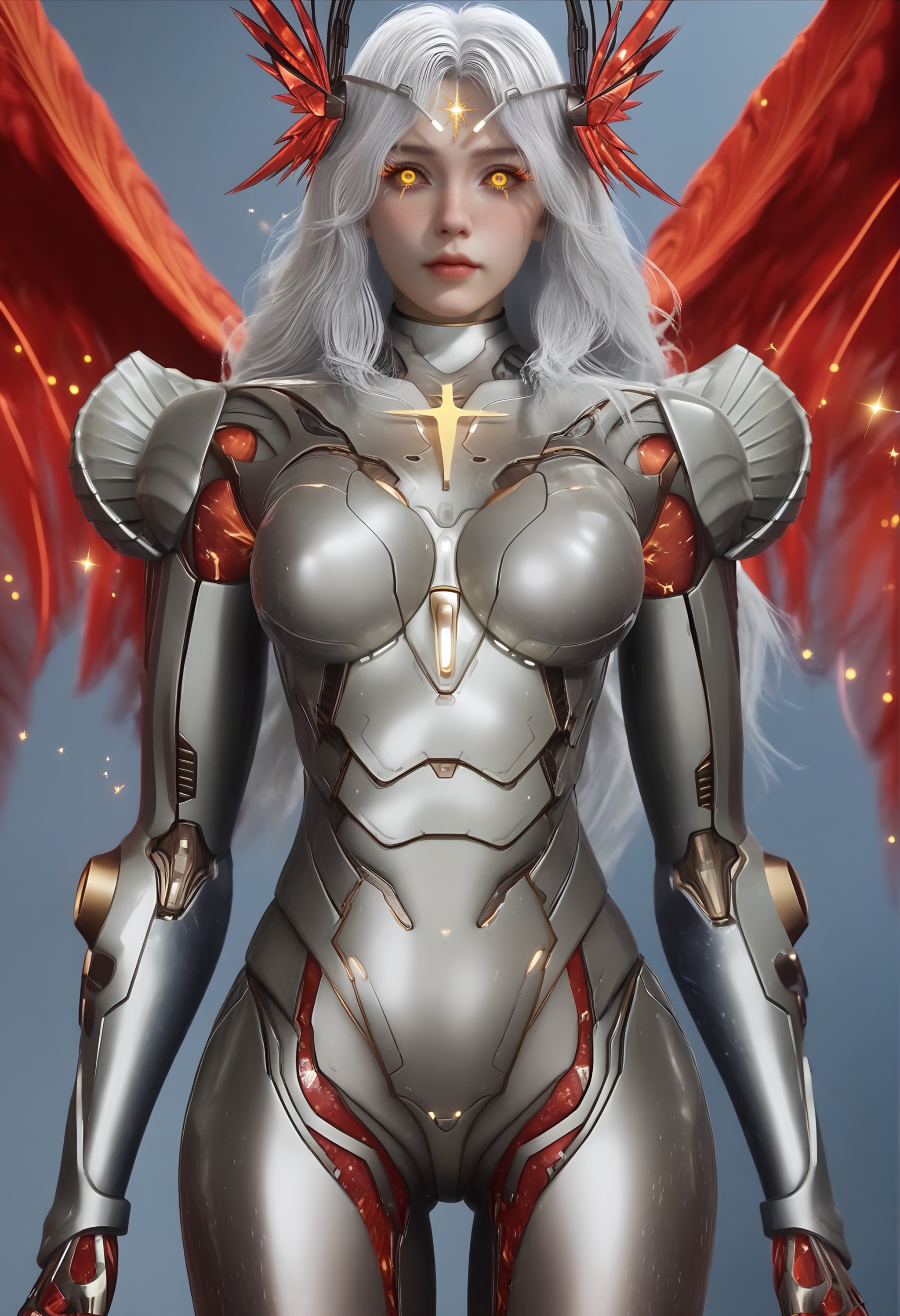 (score_9),cowboy shot,standing, <lora:星幻王-apony:0.83>,mechanical angel,xinghuanwang,1girl,solo,ringed eyes,long eyelashes,freckles,hair ornament,long hair,white hair,glowing markings,glowing eyes,yellow eyes,golden,Metallic horn-like ornament,blending feathers and mechanical parts,power armor,shoulder armor,wings,feathered wings,red wings,joints,cybernetic leg,mature_female,BREAK<lora:Expressive_H-000001:0.8>,light blush,Expressiveh,ringed eyes,looking at viewer,front view,fair_skin,(pale skin),(sweaty_skin),ultra-detailed skin texture,detailed textures,<lora:皮肤凹痕:1.5>,<lora:RealisticSkinv1_ponyv6_loraplus:0.35>,real skin,BREAKsimple background,<lora:e色温:0.25>,sparkle,blurry background,4K ultra HD,sharp focus,high detail,high contrast,
