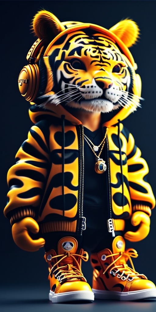 <lora:3D_model-000009:0.7>,HDR,UHD,8K,Highly detailed,best quality,masterpiece,3D, hood, solo, jacket, shoes, animal print, full body, headphones, tiger, simple background, zipper, orange jacket, hands in pockets, chinese zodiac, sneakers, shorts, standing, grey background, tail, hoodie, jewelry, hood up, whiskers, tiger print, year of the tiger, necklace, no humans, furry, round eyewear, orange fur, looking at viewer, clothed animal, print jacket, animal ears, open clothes