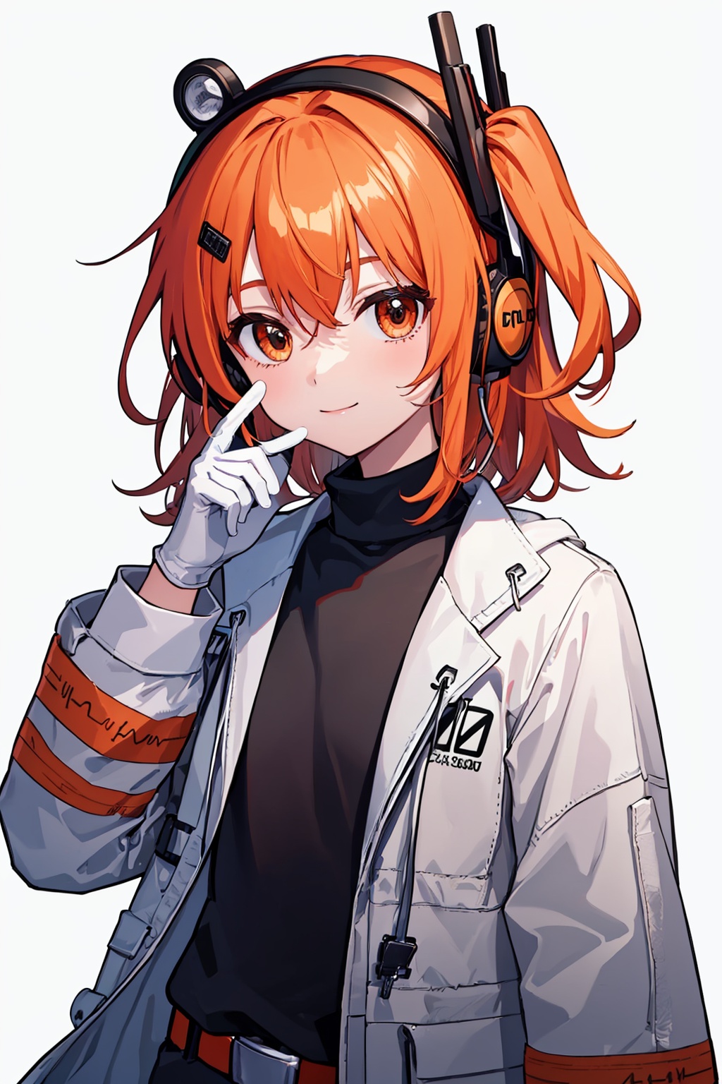masterpiece,best quality, highly detailed, 1girl,adachi rei,black shirt,closed mouth,looking at viewer,open jacket,parka,radio antenna,simple background,solo,turtleneck,upper body,white jacket,headset,white background,microphone,smile,white gloves,hand up,mechanical eye,expressionless,long sleeves,<lora:adachi_rei:1>