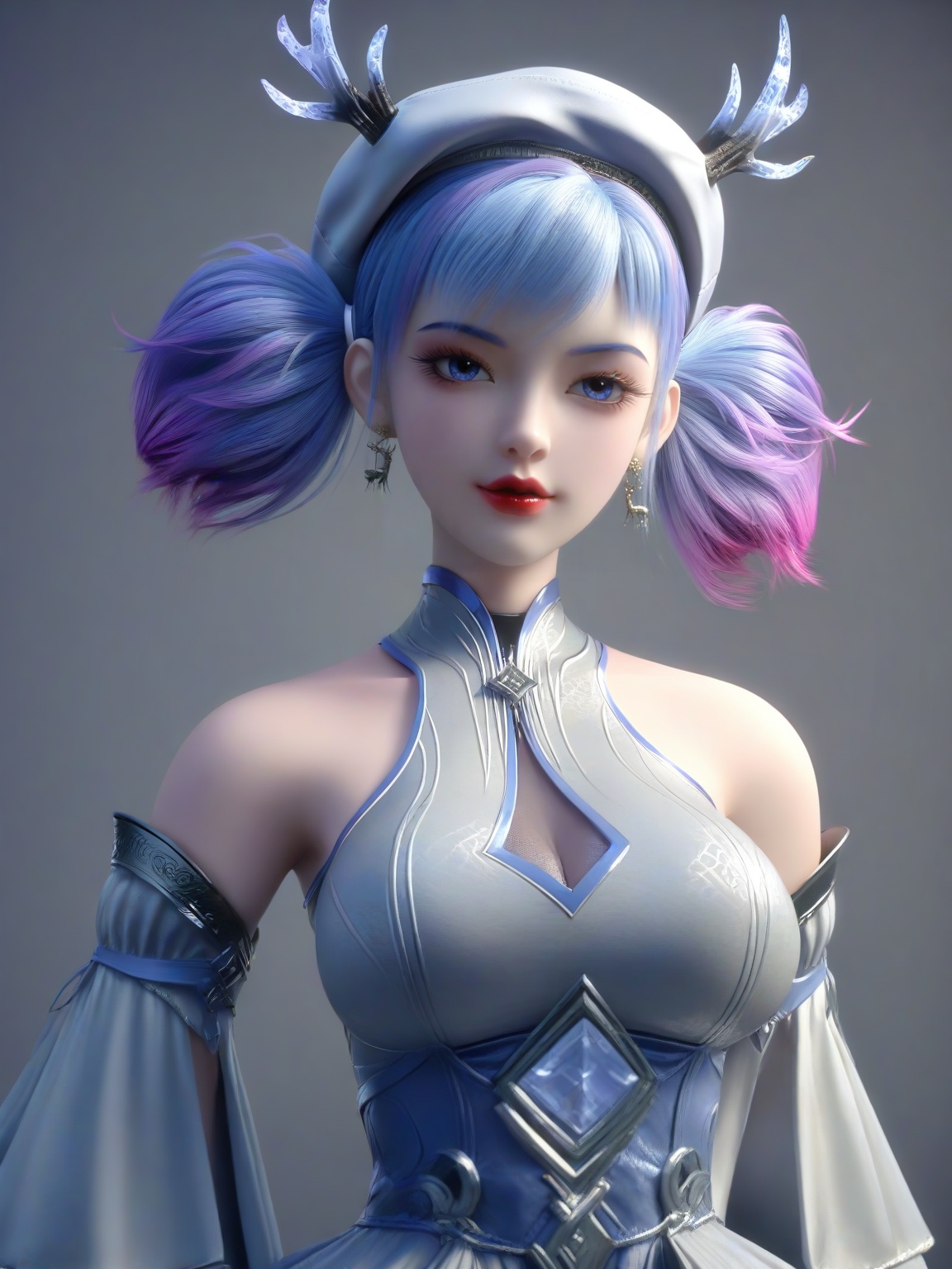 score_9,1girl,breasts,large breasts,standing,solo,eyeshadow,bangs,bare shoulders,beret,detached sleeves,dress,earrings,gradient hair,multicolored hair,lipstick,simple background,   looking at viewer,upper body,<lora:SF_XiaoMiLu_Pony_Realism2.3-000003:0.7>,